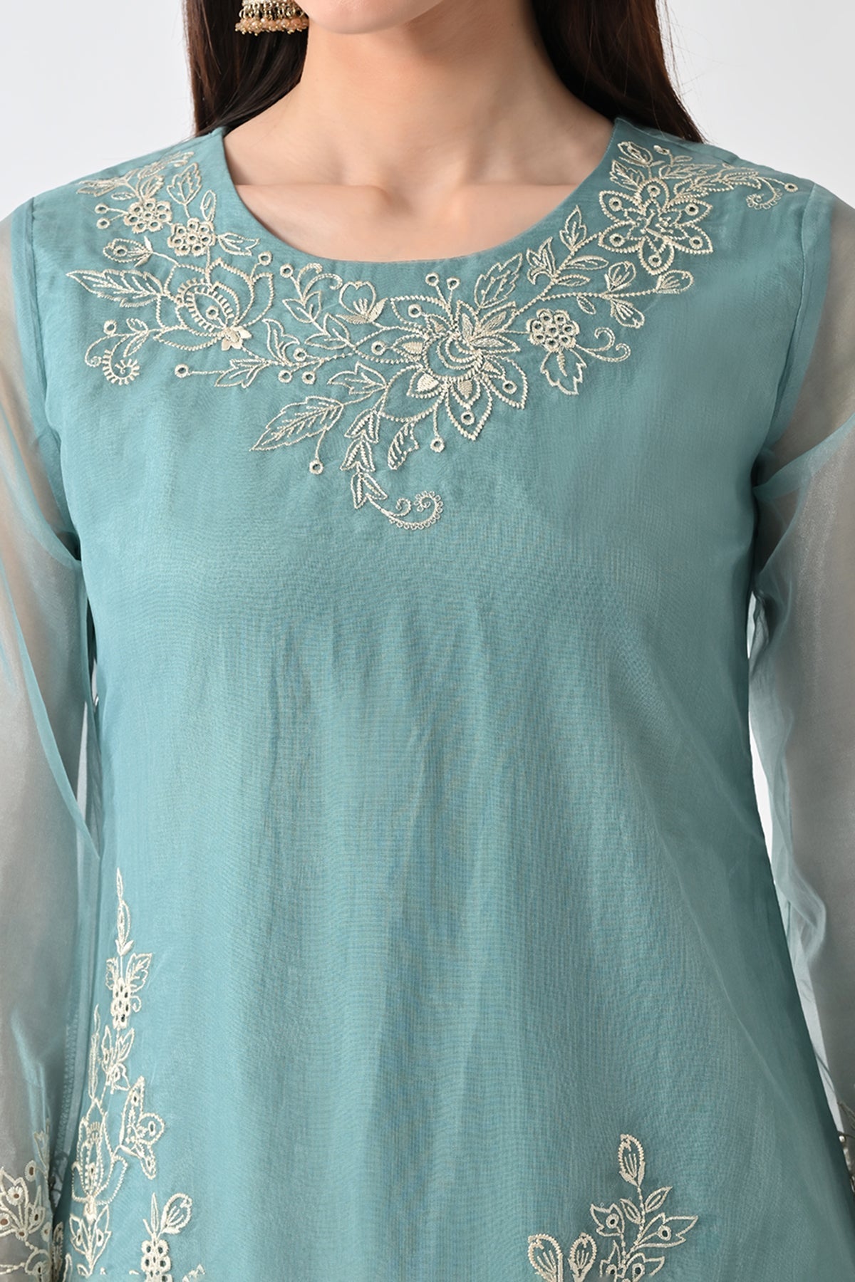 Green Embroidered Straight Kurta Set (3 Piece)