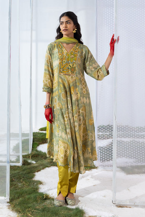 Green Embellished Flared Kurta Set