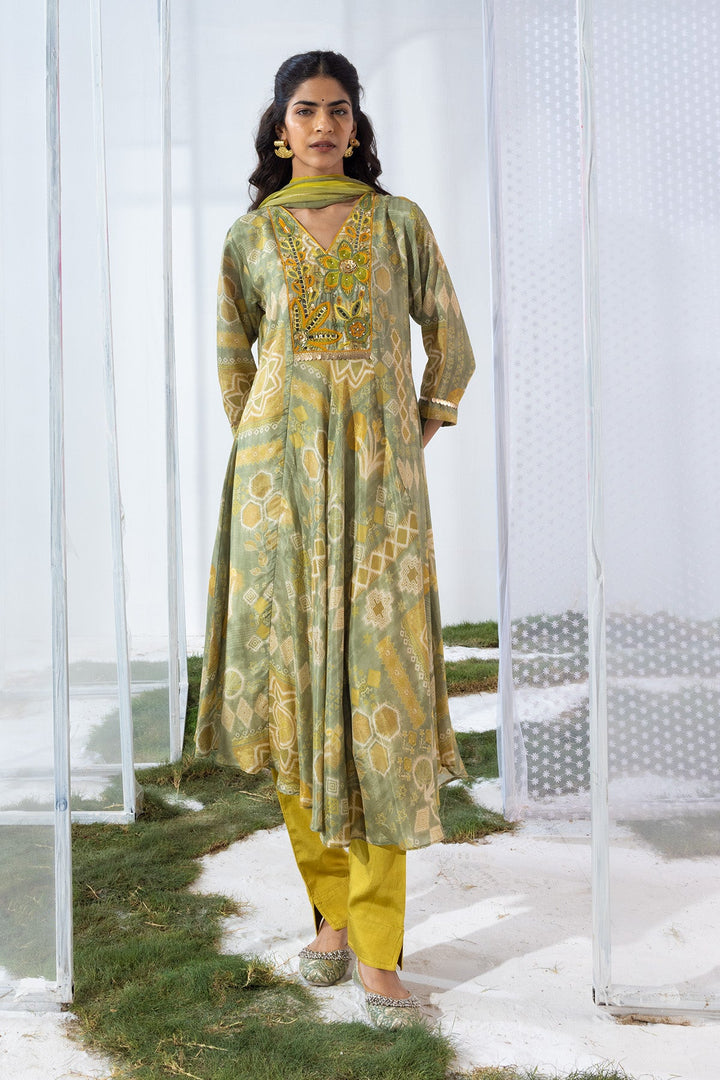 Green Embellished Flared Kurta Set