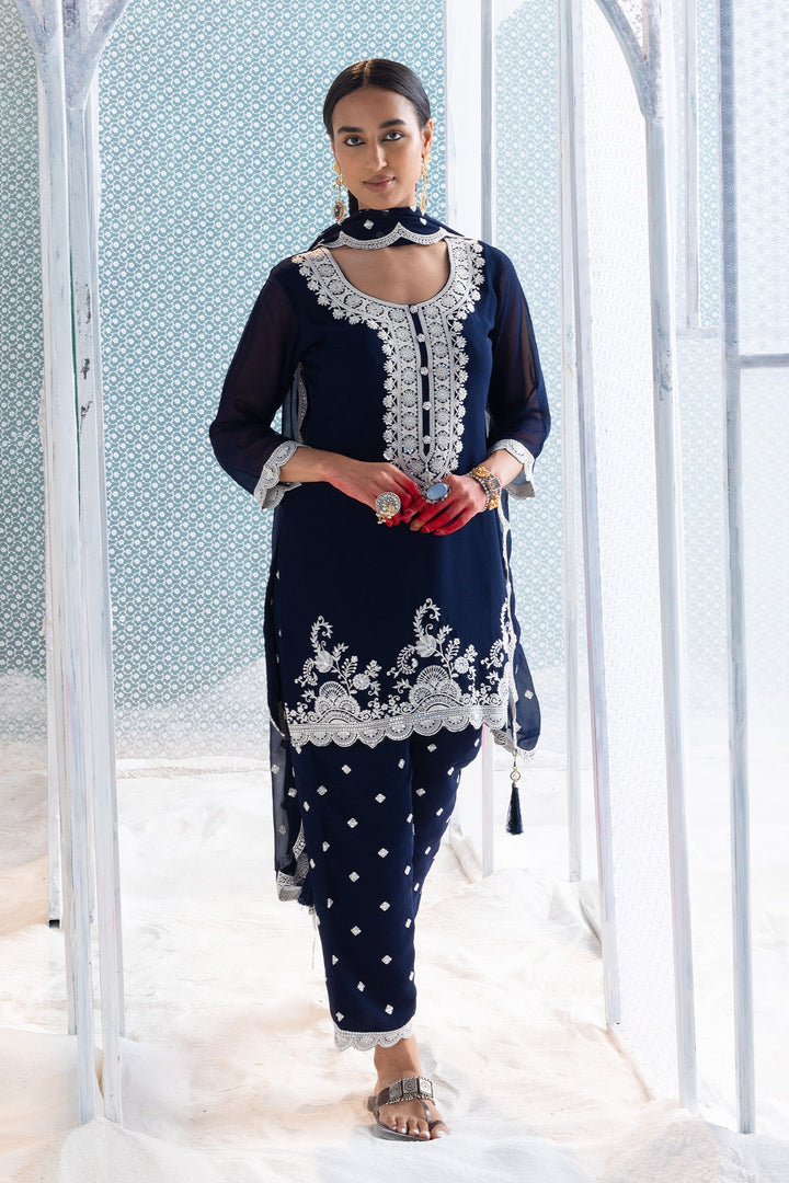 Blue Embroidered Straight Kurta Set
