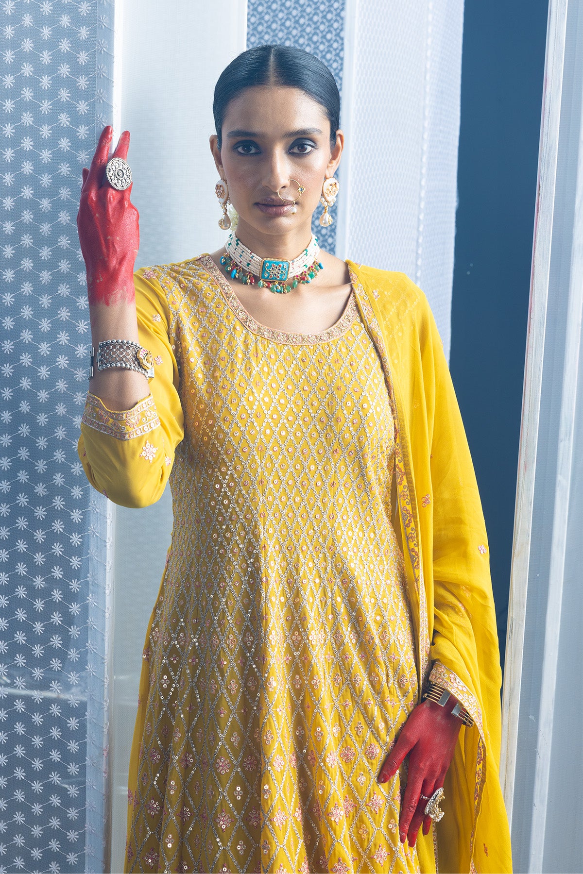 Yellow Embroidered Flared Kurta Set