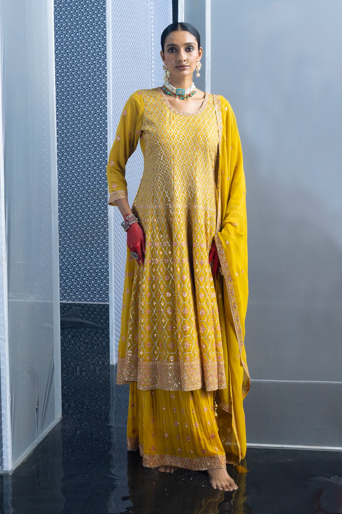 Yellow Embroidered Flared Kurta Set