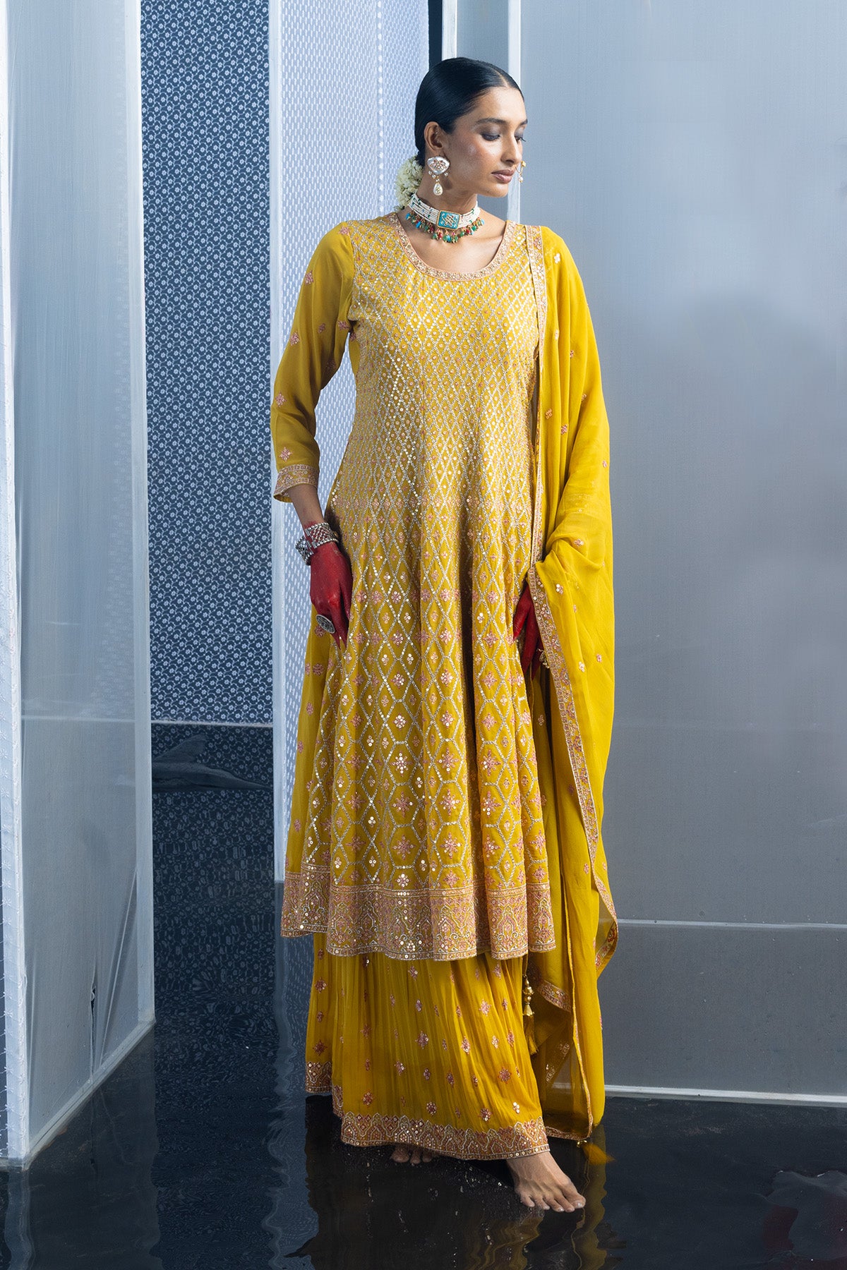 Yellow Embroidered Flared Kurta Set