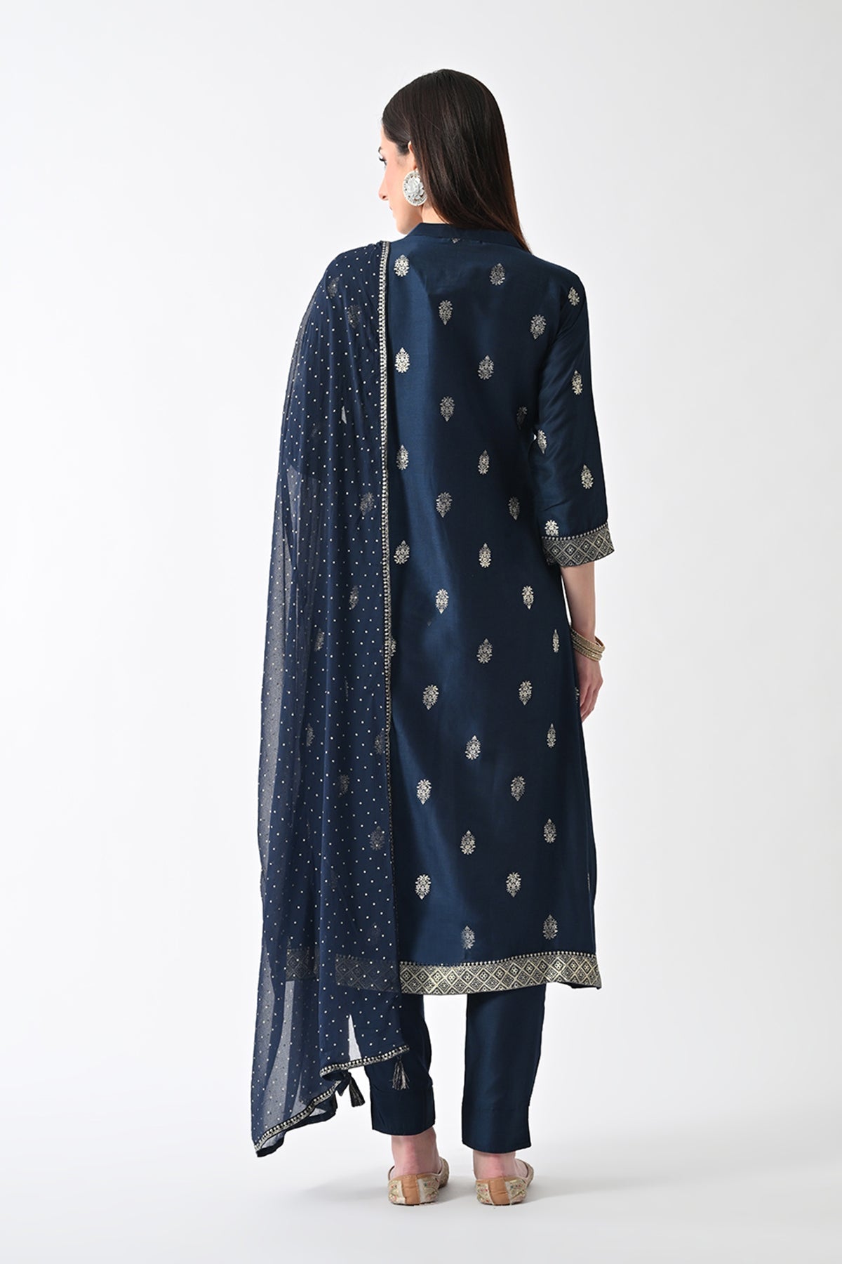 Blue Printed Flared Kurta Set (3 Piece)