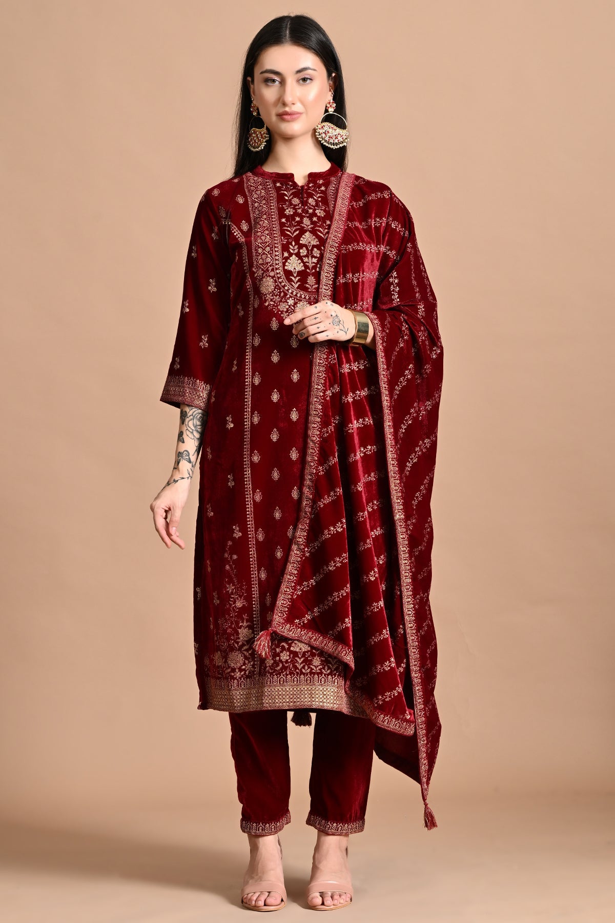 Maroon Printed Kurta Set