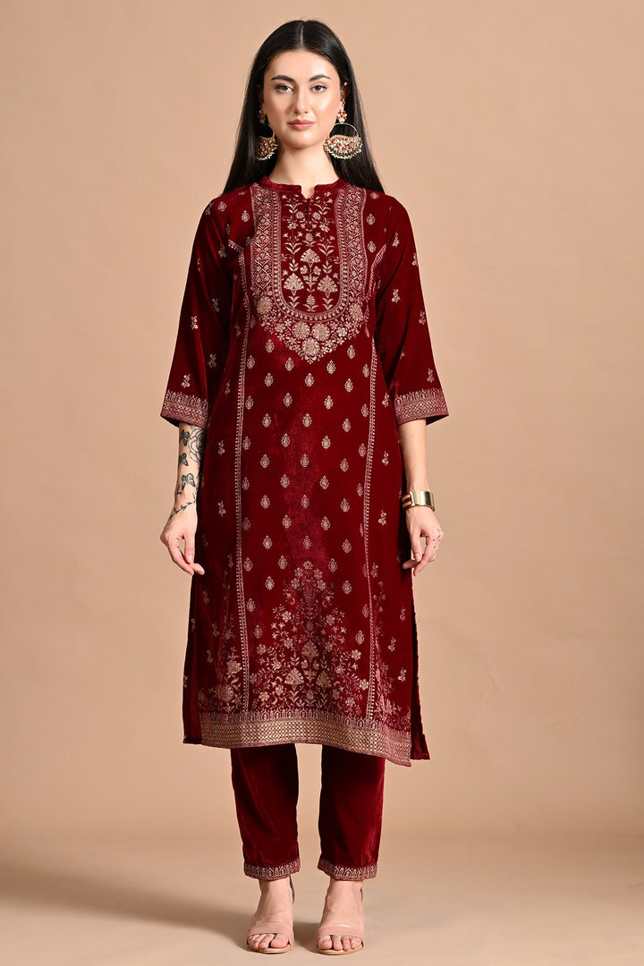 Maroon Printed Kurta Set