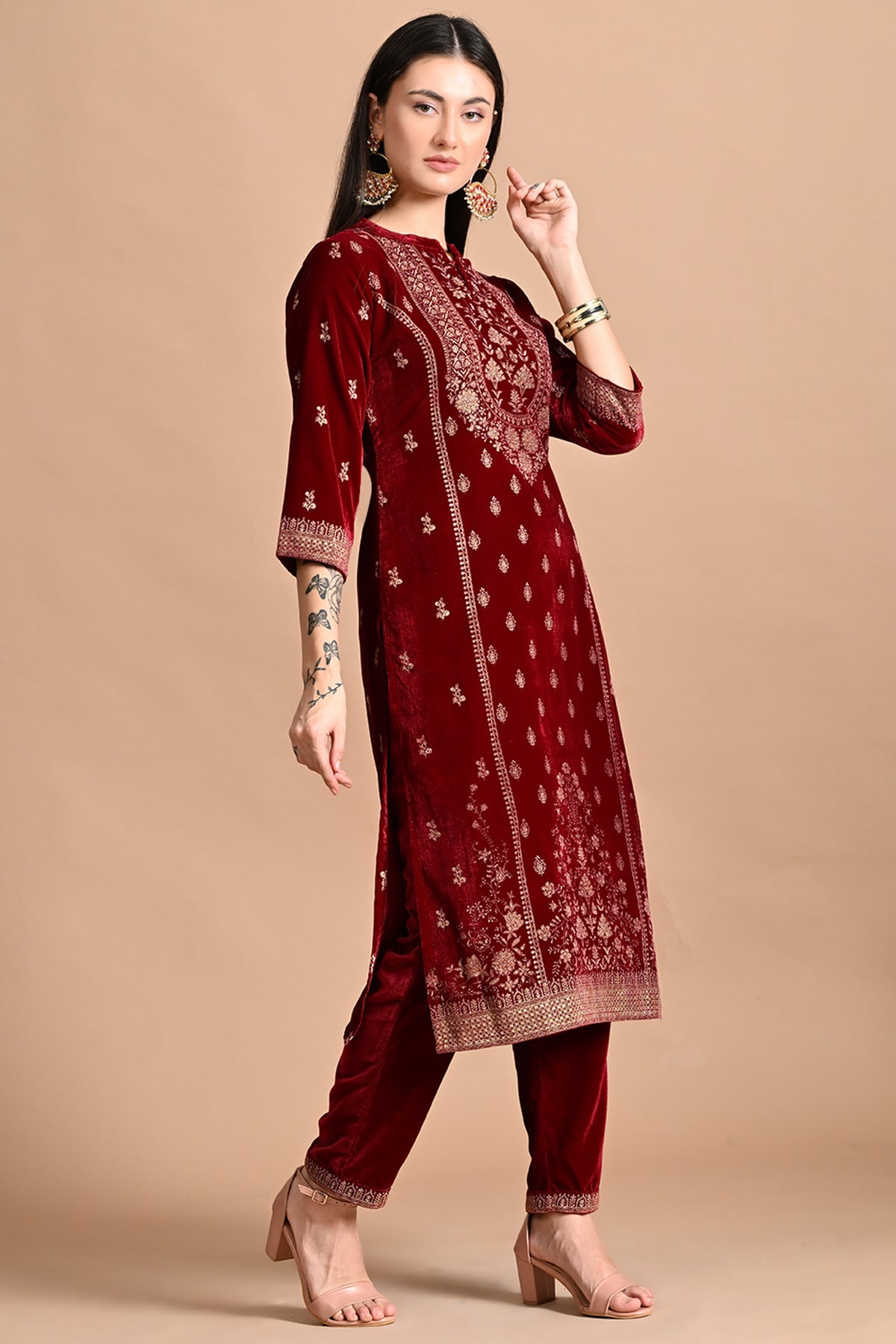 Maroon Printed Kurta Set