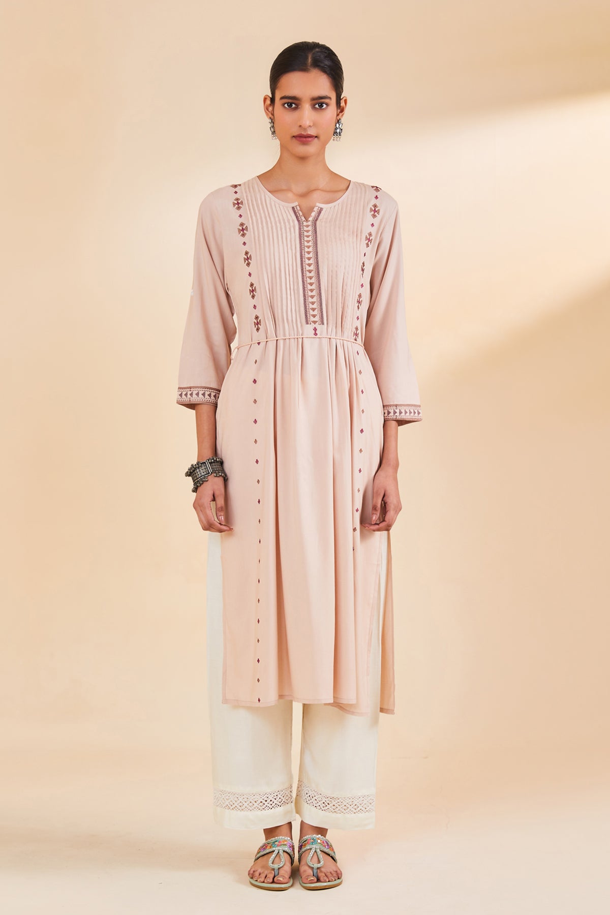 Beige Embroidered Straight Kurta