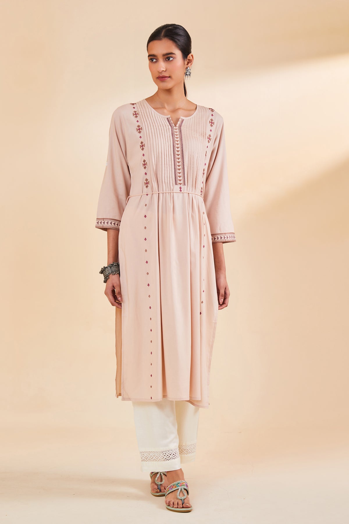 Beige Embroidered Straight Kurta