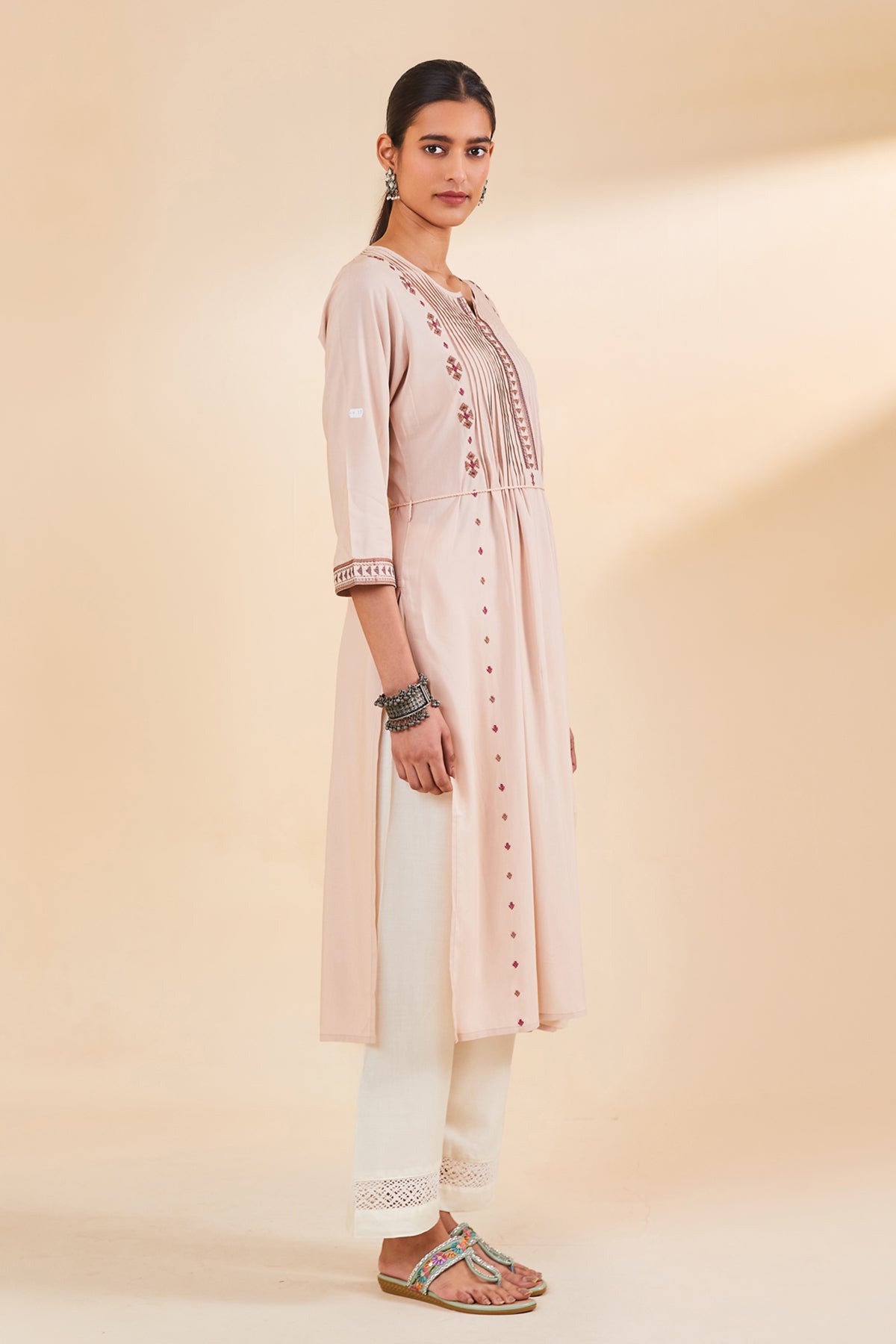 Beige Embroidered Straight Kurta