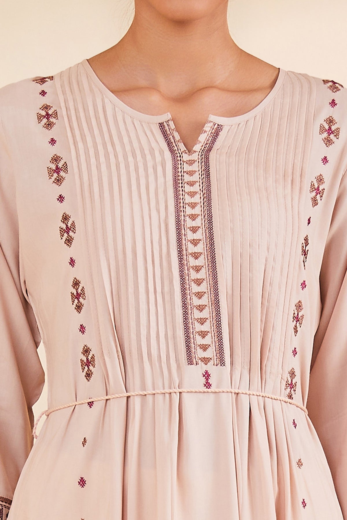 Beige Embroidered Straight Kurta