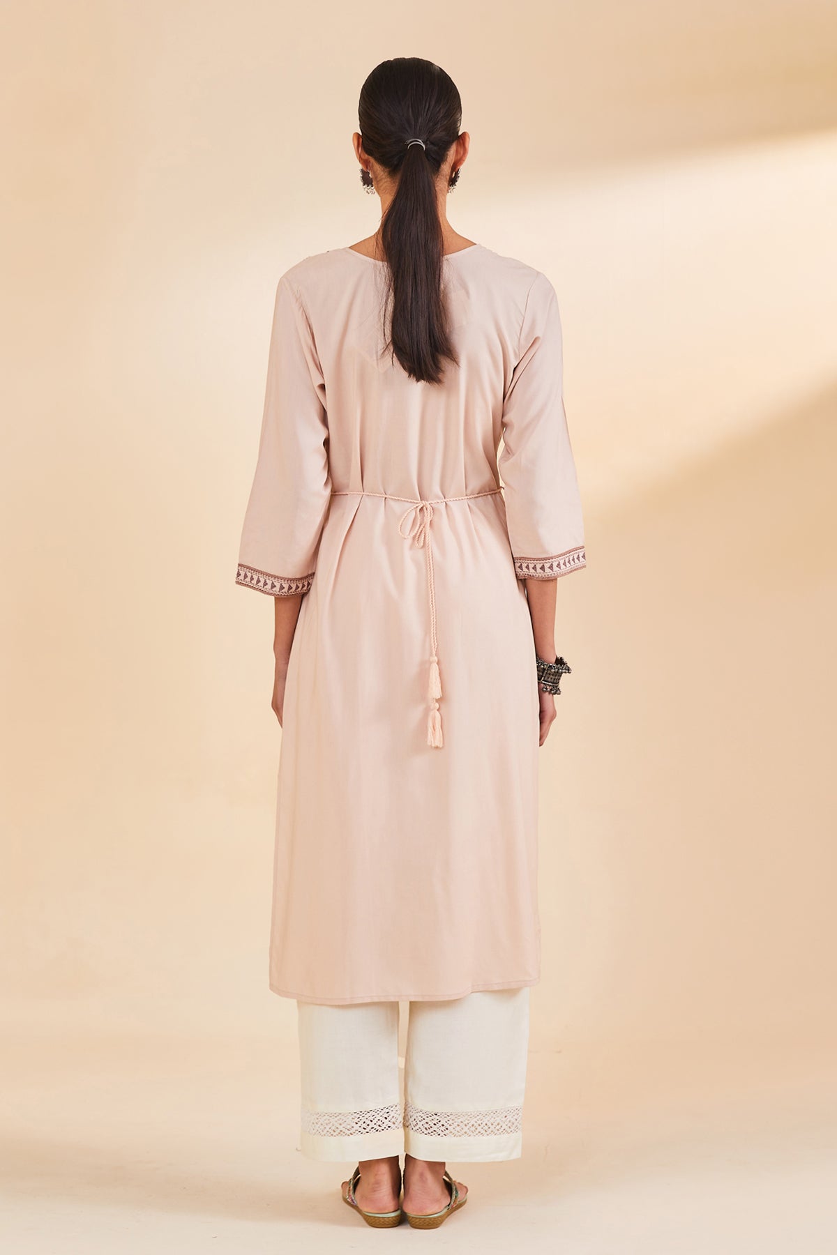 Beige Embroidered Straight Kurta