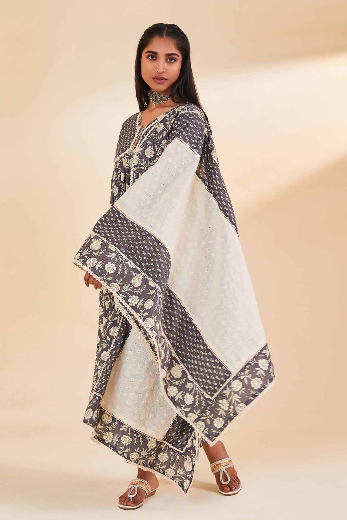 Grey Printed Flared Kurta Set