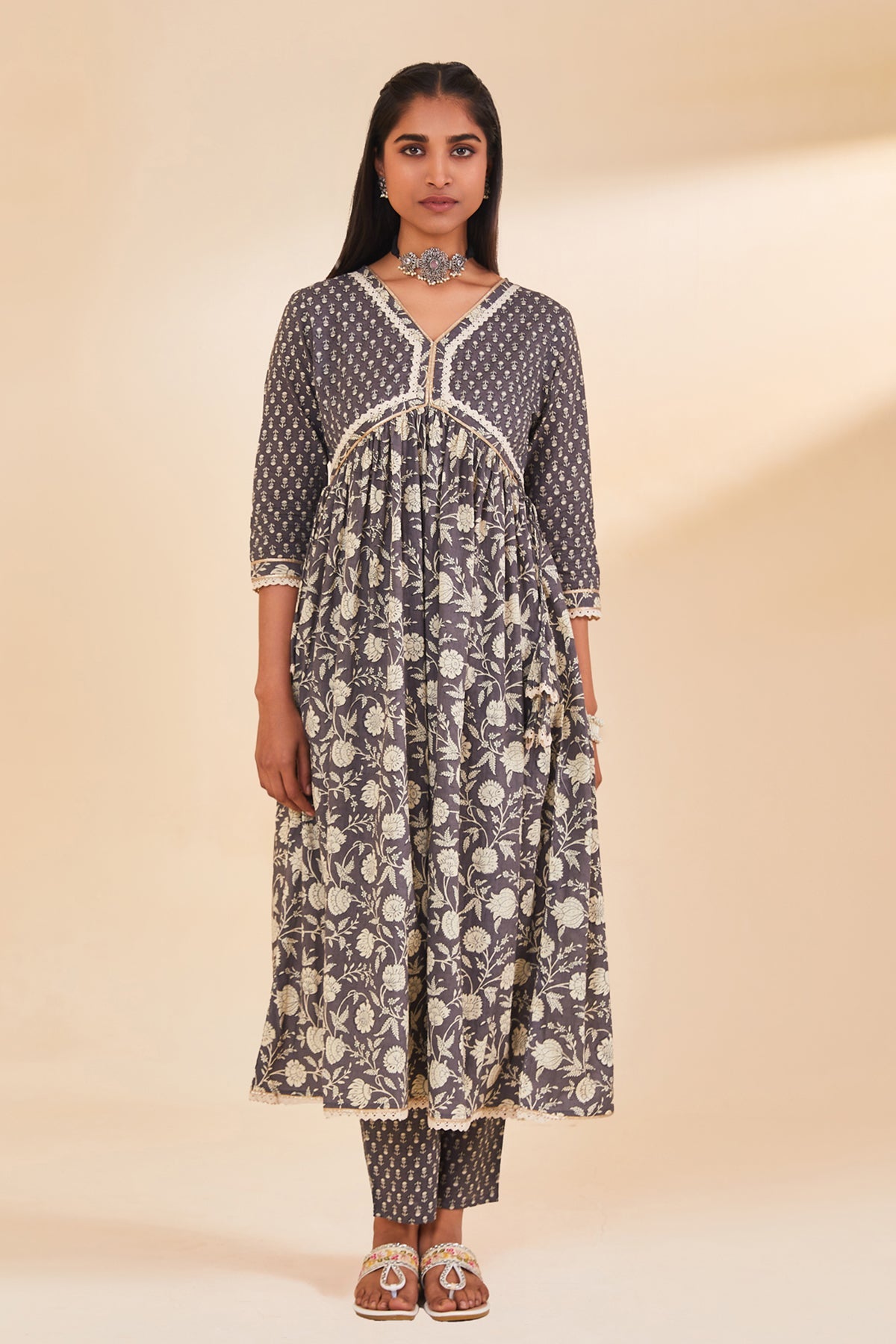 Grey Printed Flared Kurta Set