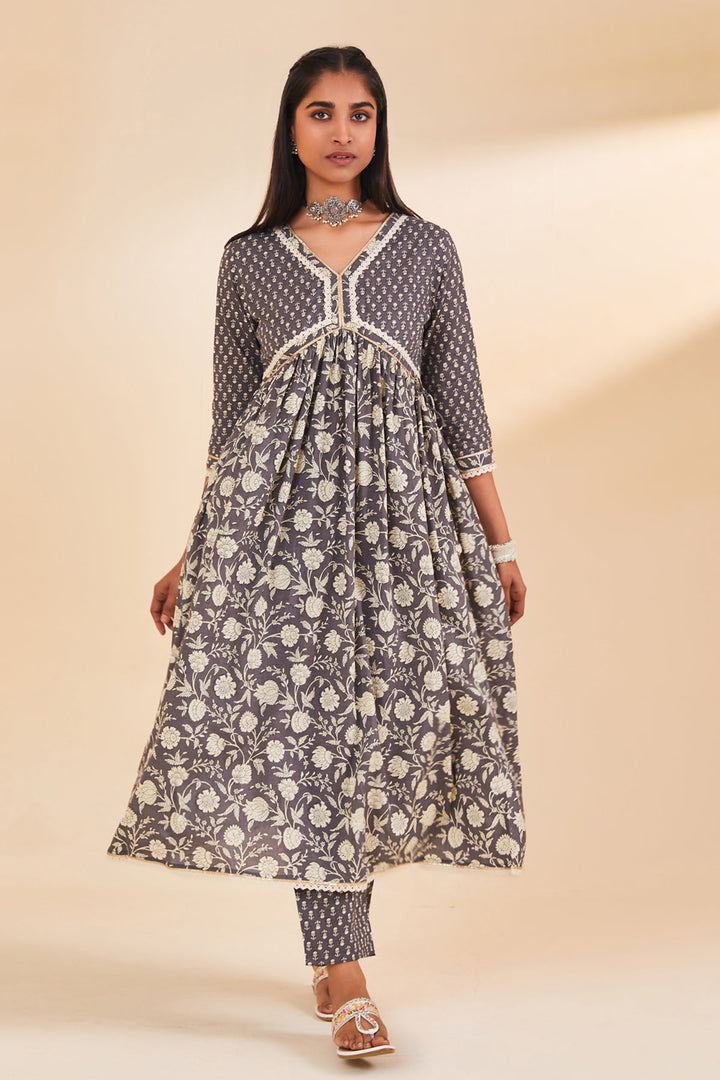 Grey Printed Flared Kurta Set