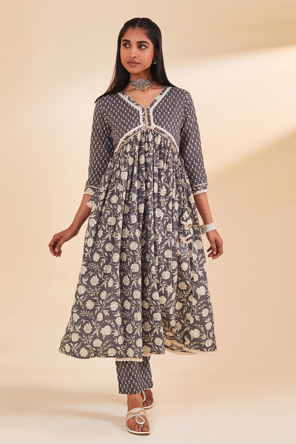 Grey Printed Flared Kurta Set
