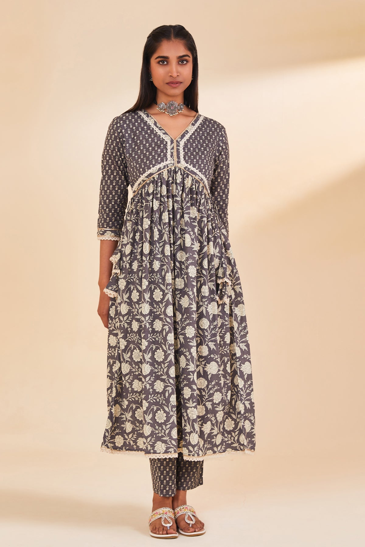Grey Printed Flared Kurta Set