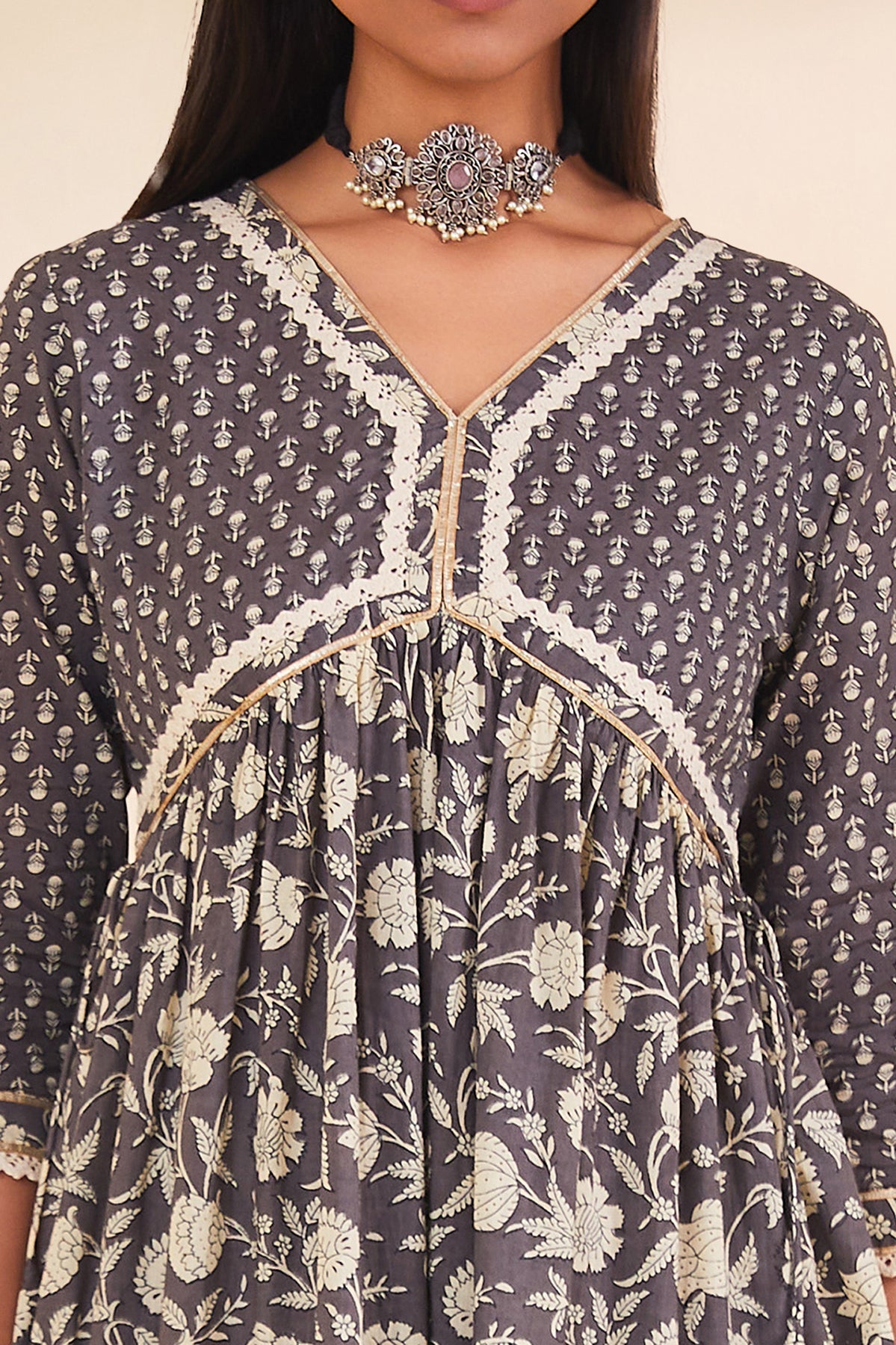 Grey Printed Flared Kurta Set