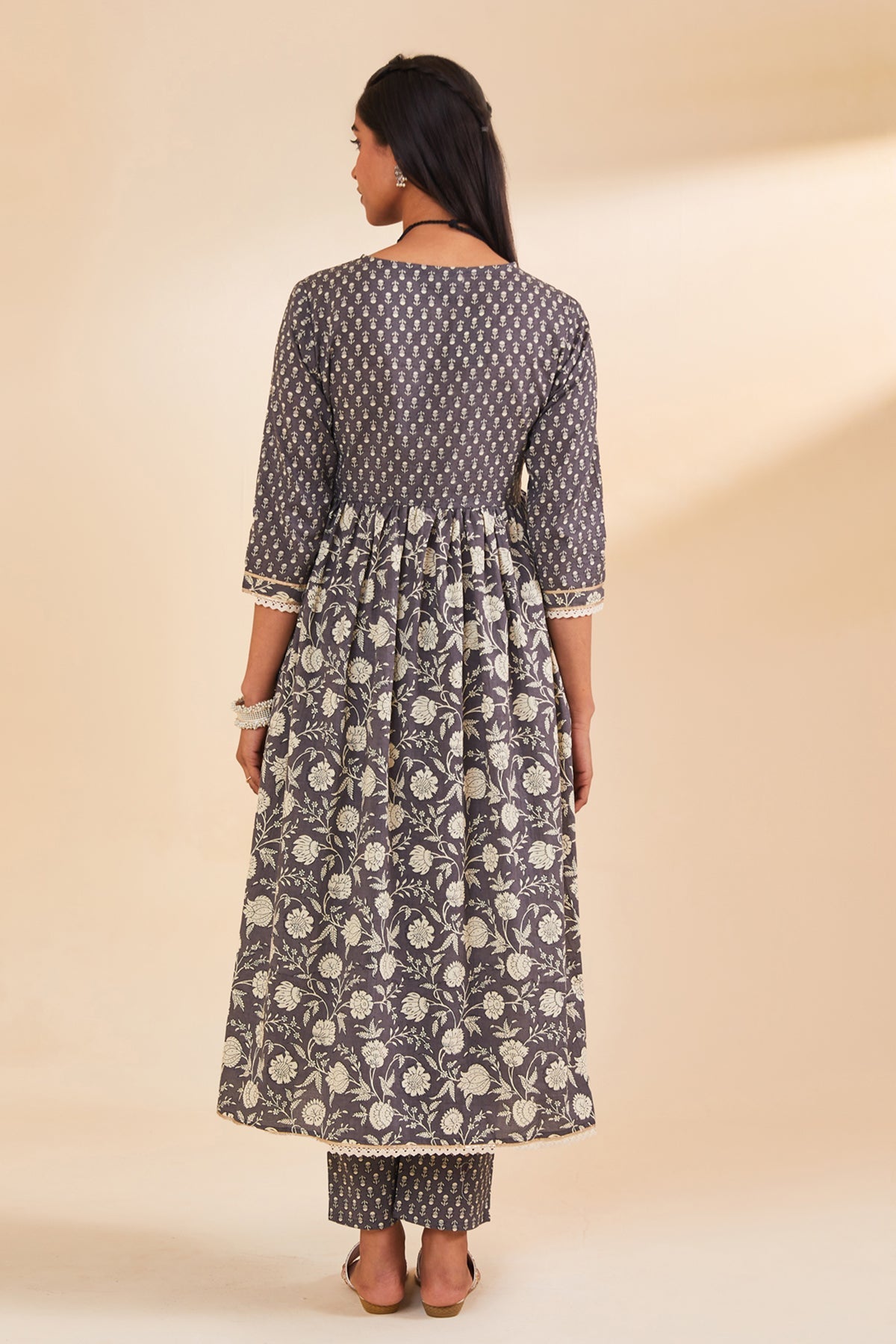 Grey Printed Flared Kurta Set