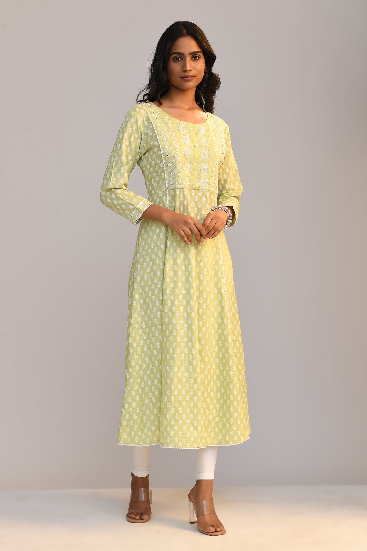 Green Printed A Line Kurta