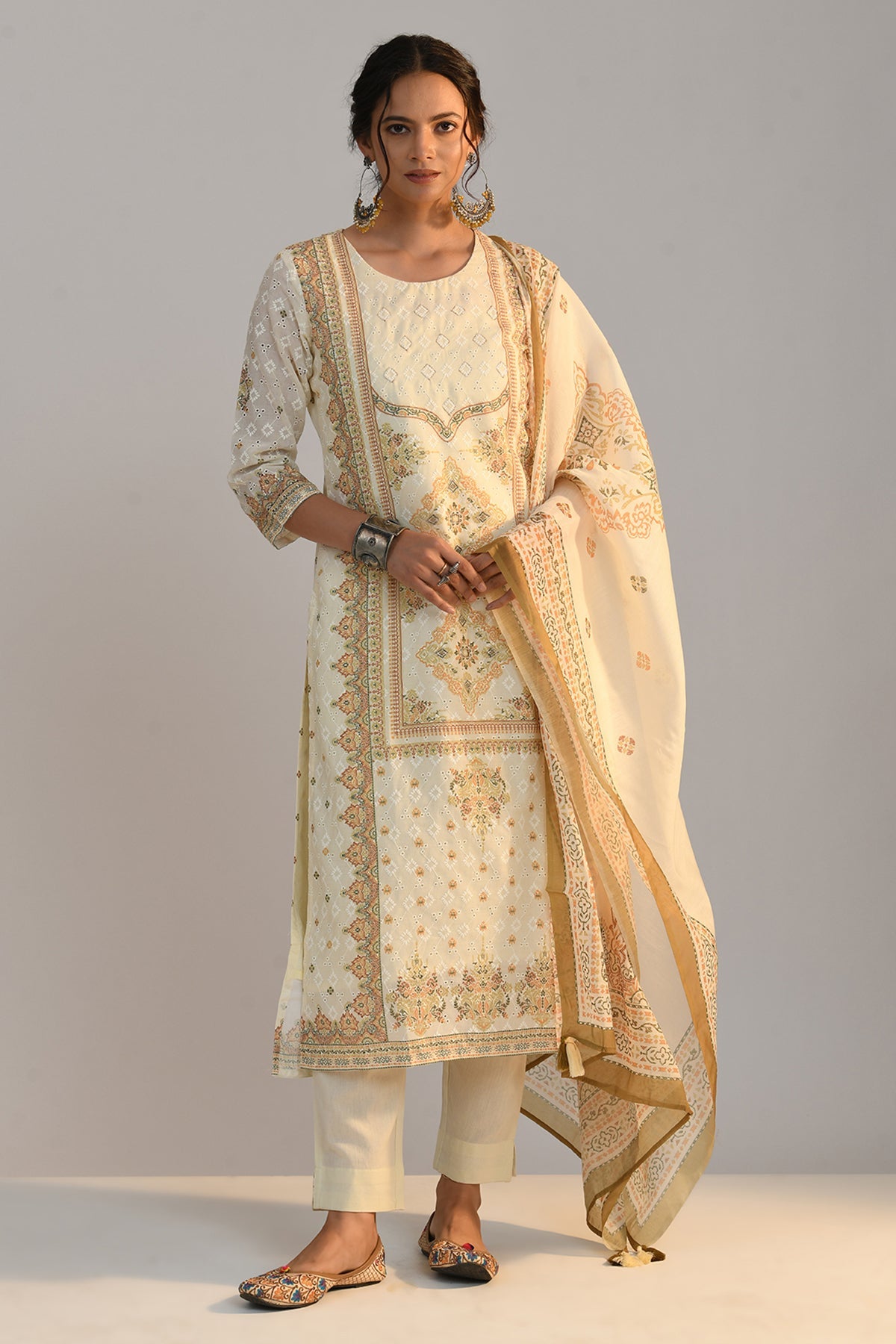 Cream Embroidered Kurta 3 Pcs Set
