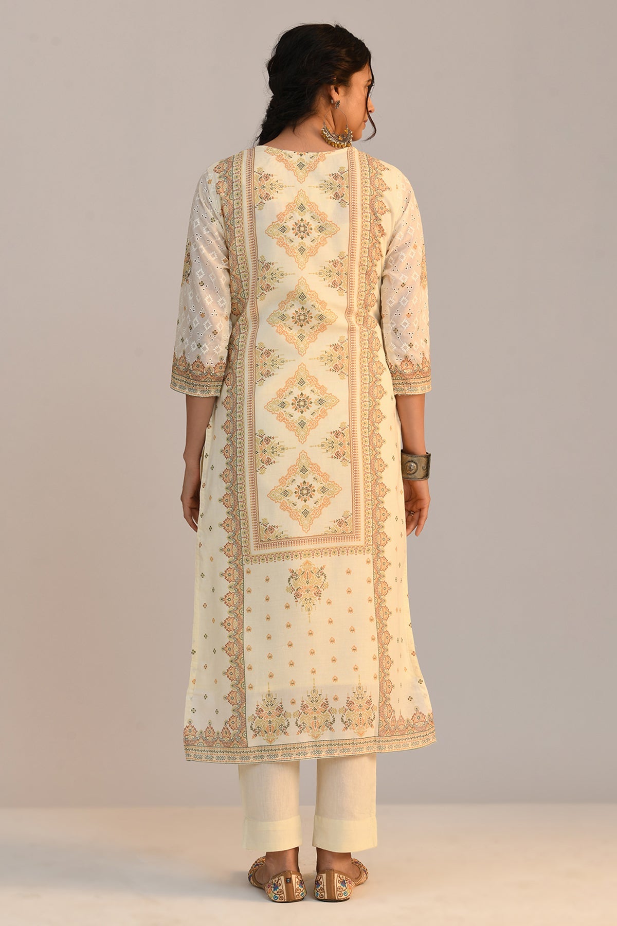 Cream Embroidered Kurta 3 Pcs Set