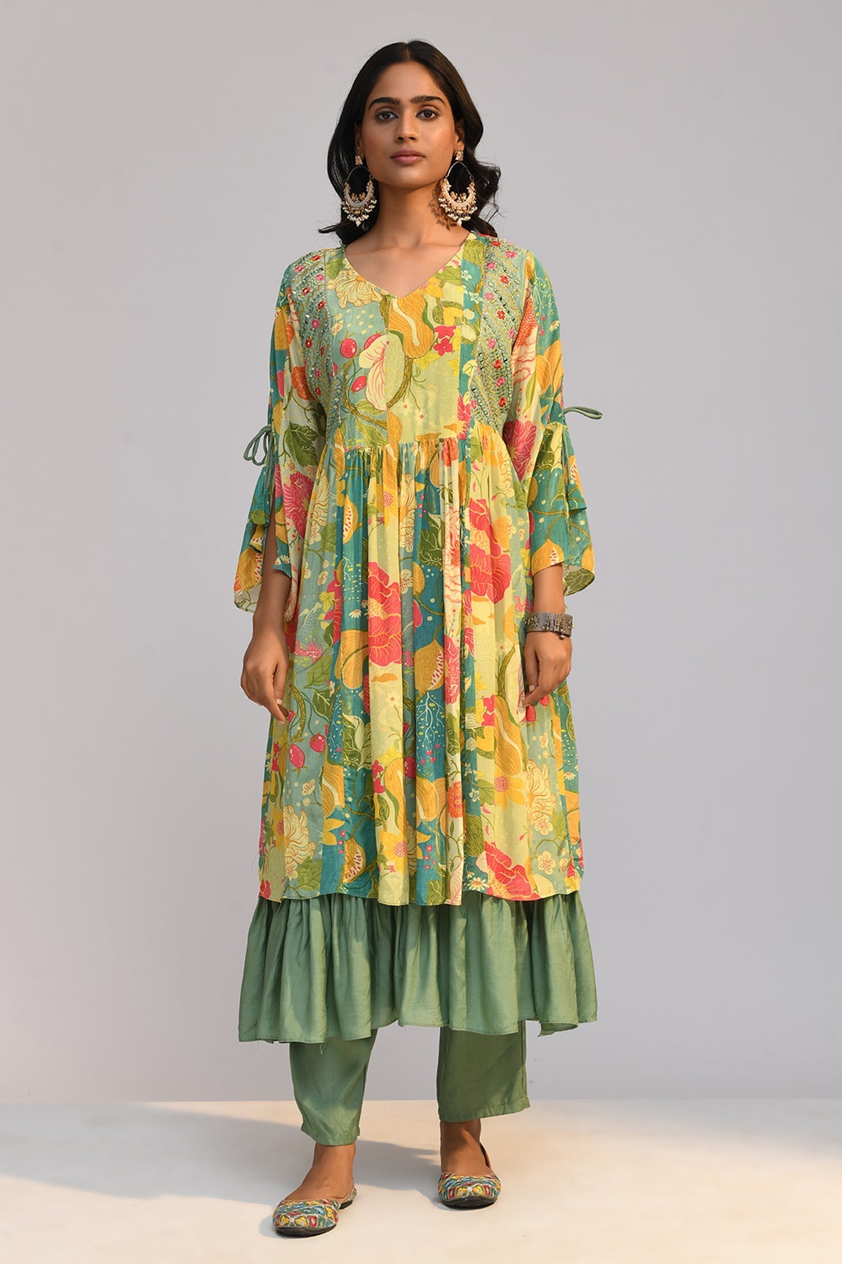 Multi Yoke Embroidered Flared Kurta Set