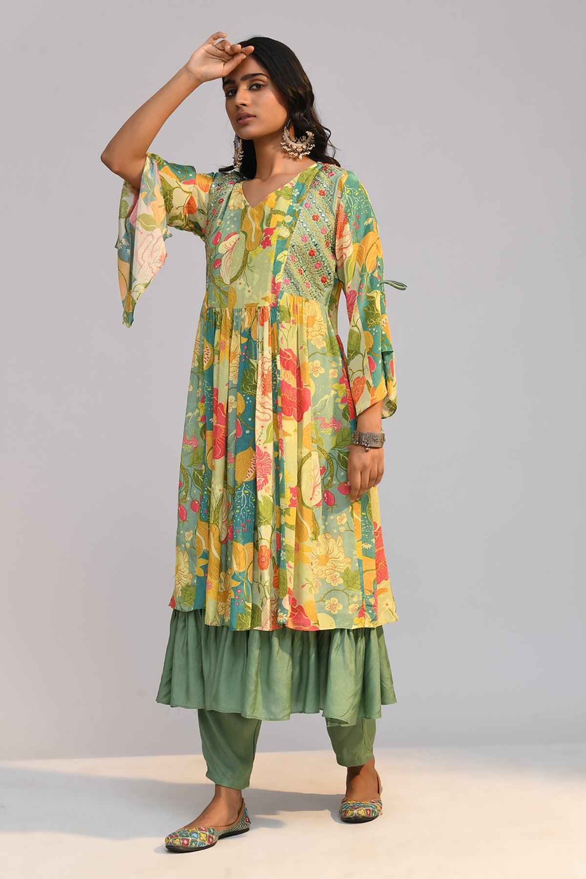Multi Yoke Embroidered Flared Kurta Set