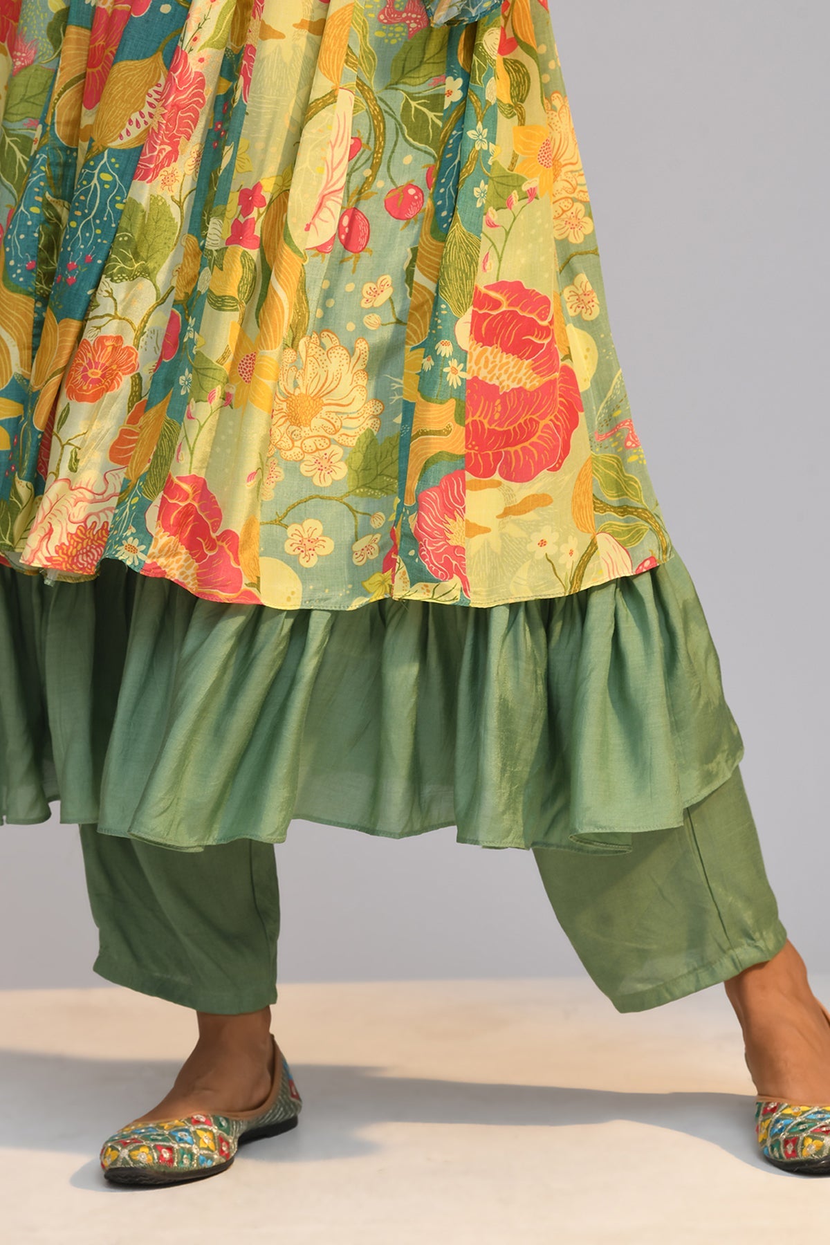 Multi Yoke Embroidered Flared Kurta Set