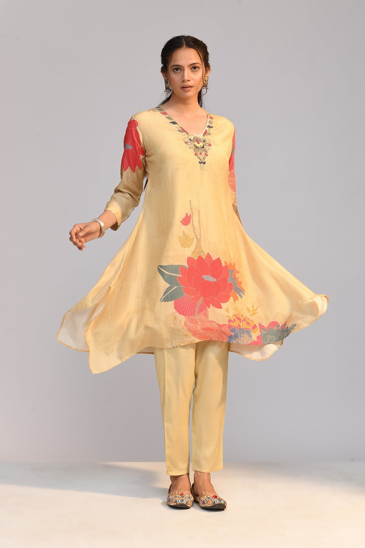 Beige Printed A Line Kurta Set