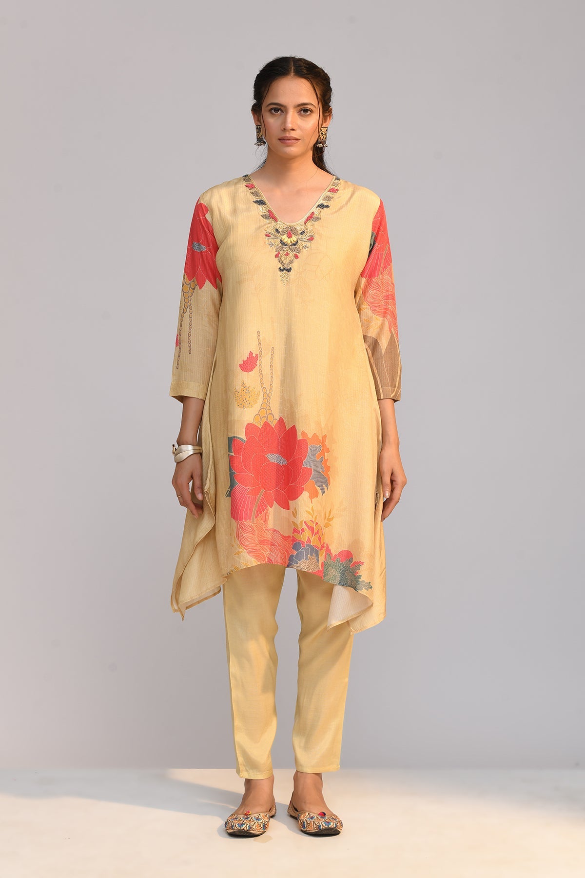 Beige Printed A Line Kurta Set
