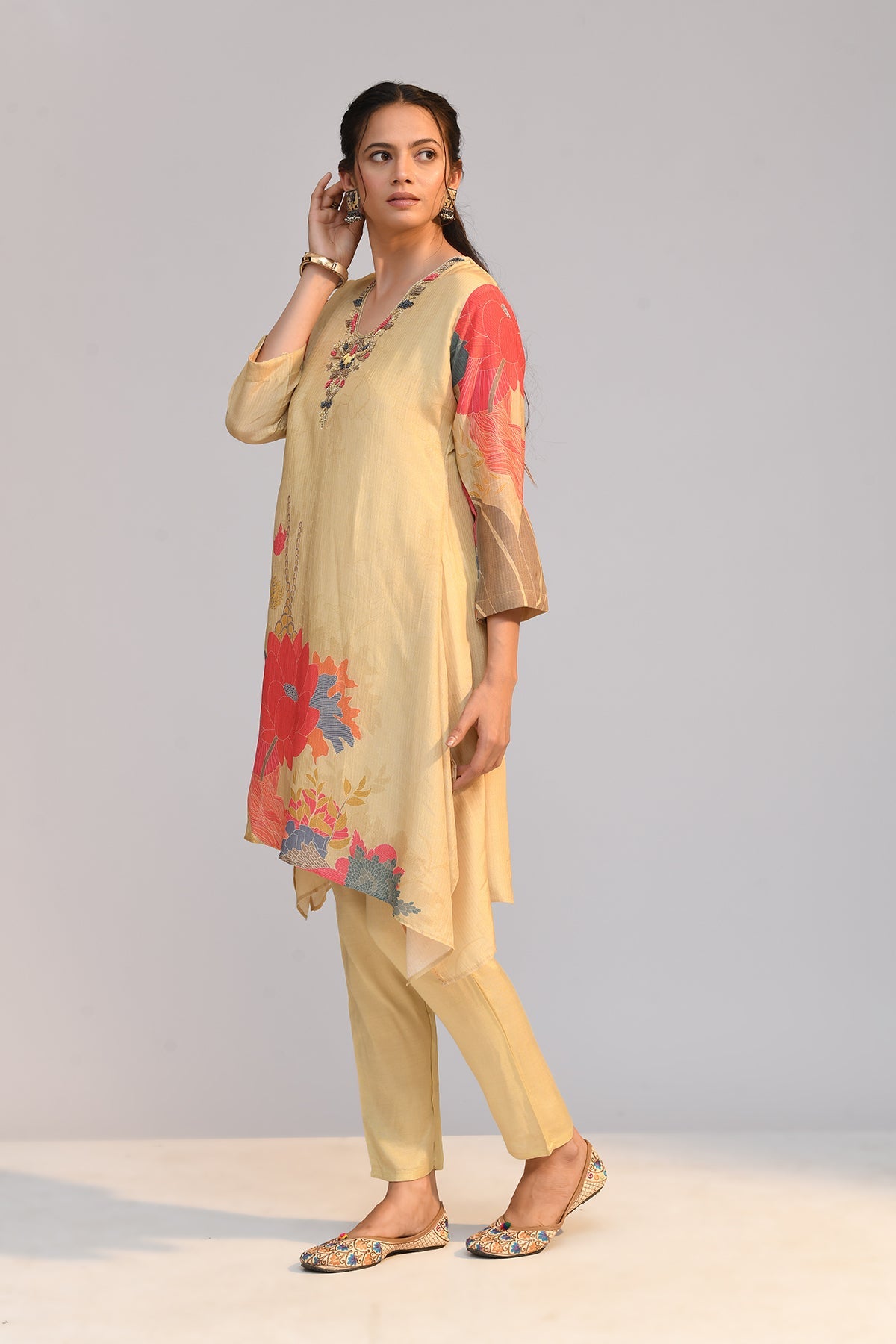 Beige Printed A Line Kurta Set