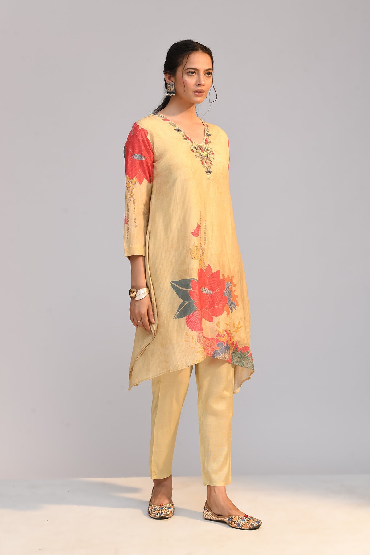 Beige Printed A Line Kurta Set