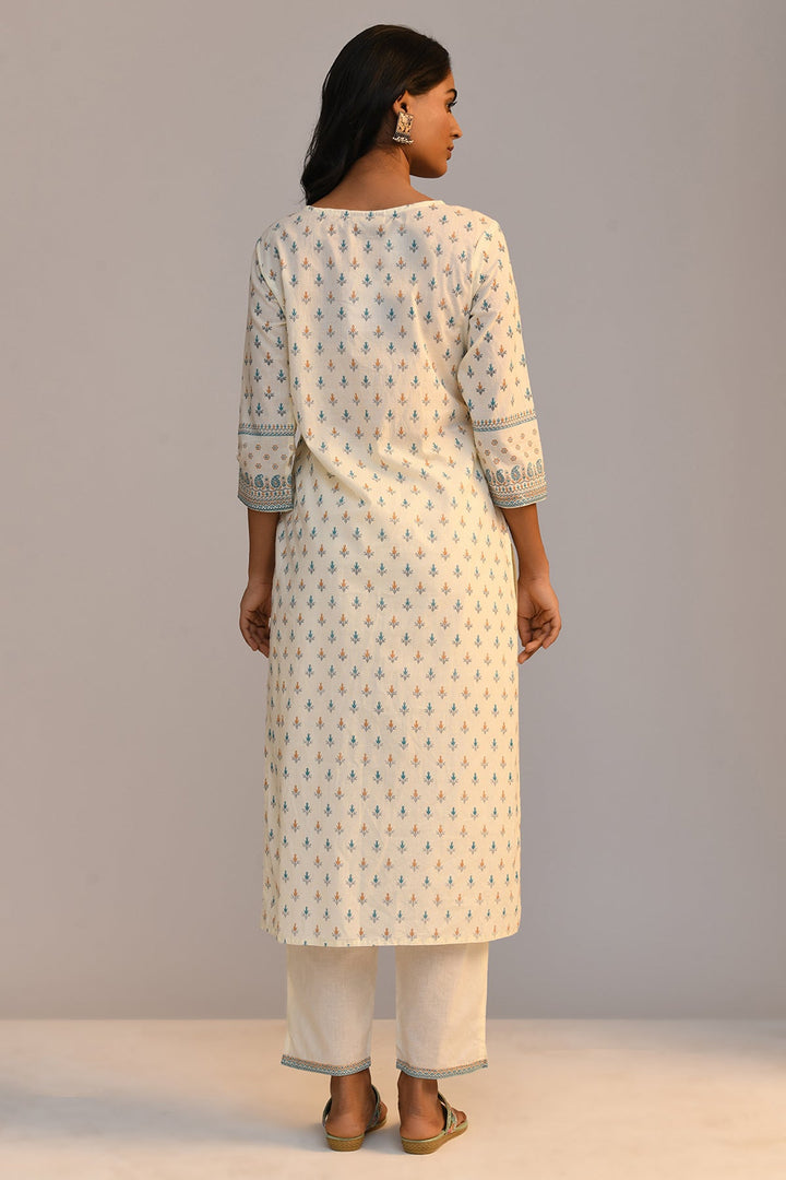 Cream Embellished Printed Kurta Set