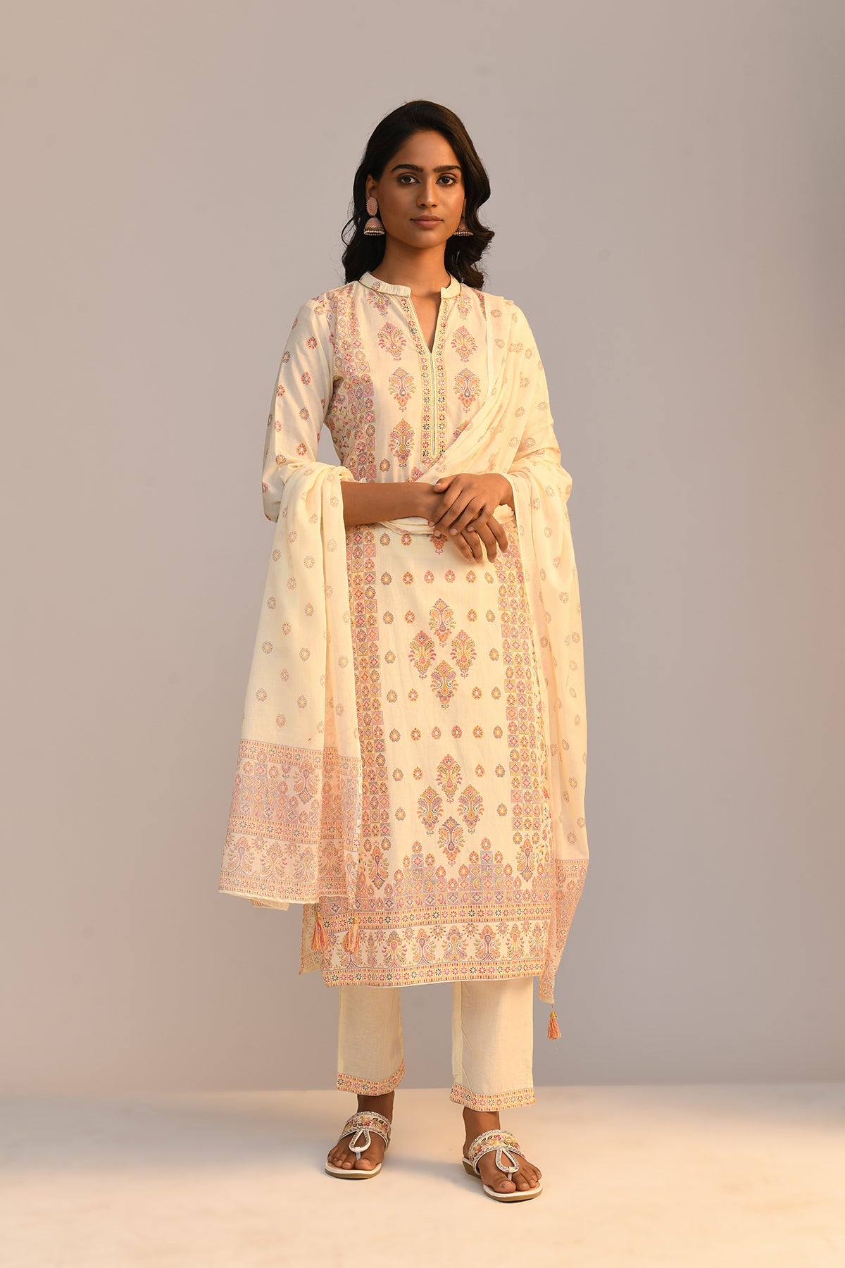 Cream Printed Kurta Set