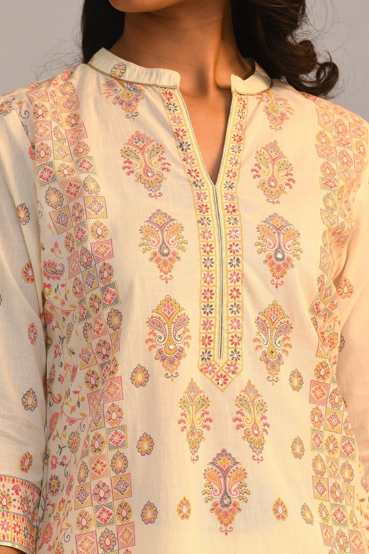 Cream Printed Kurta Set