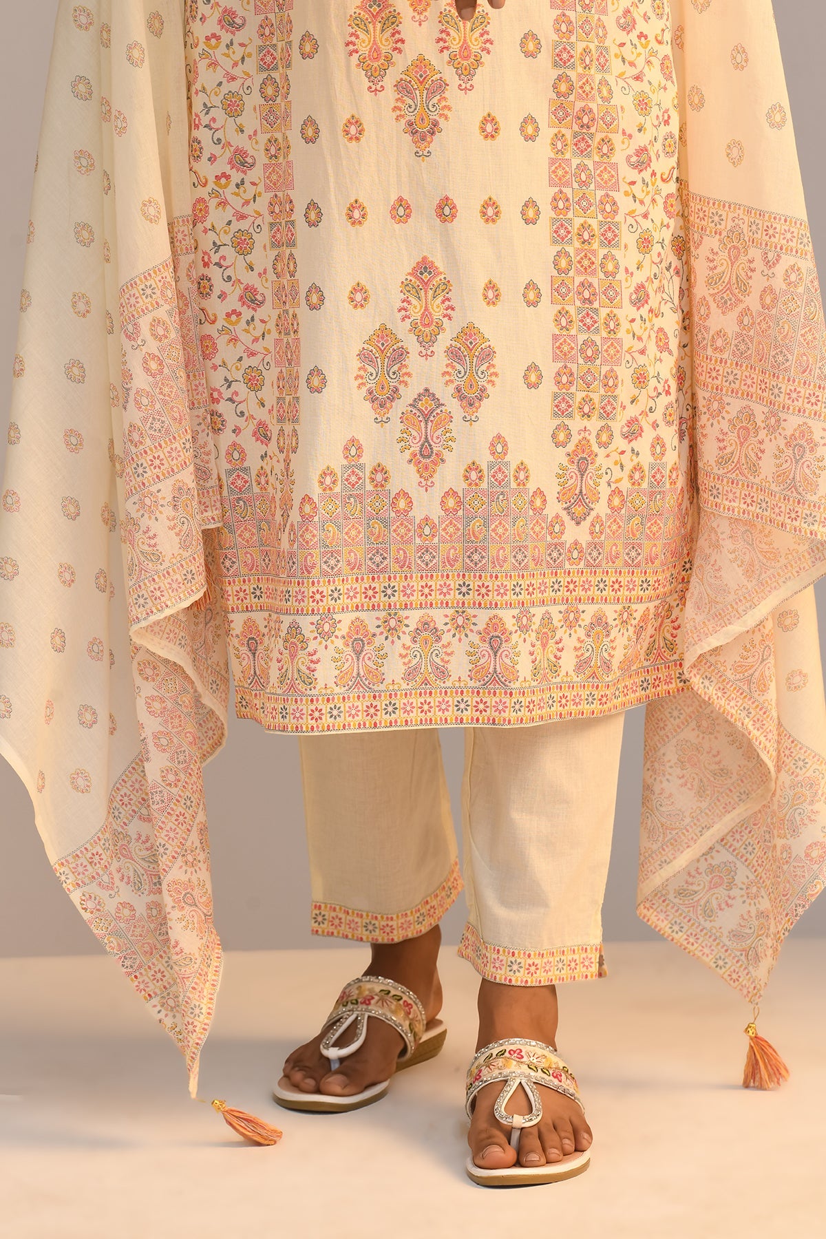 Cream Printed Kurta Set