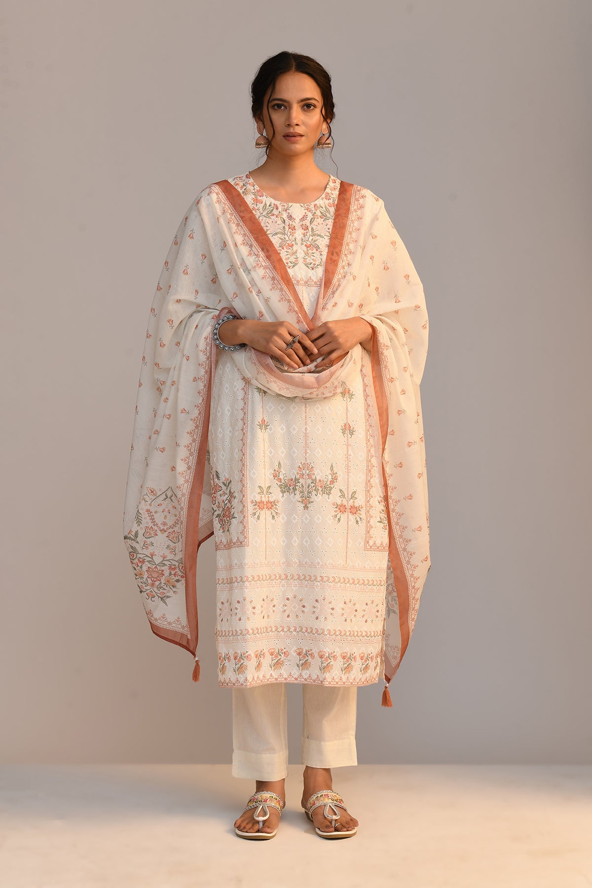 Cream Embroidered Straight Kurta 3 Pcs Set