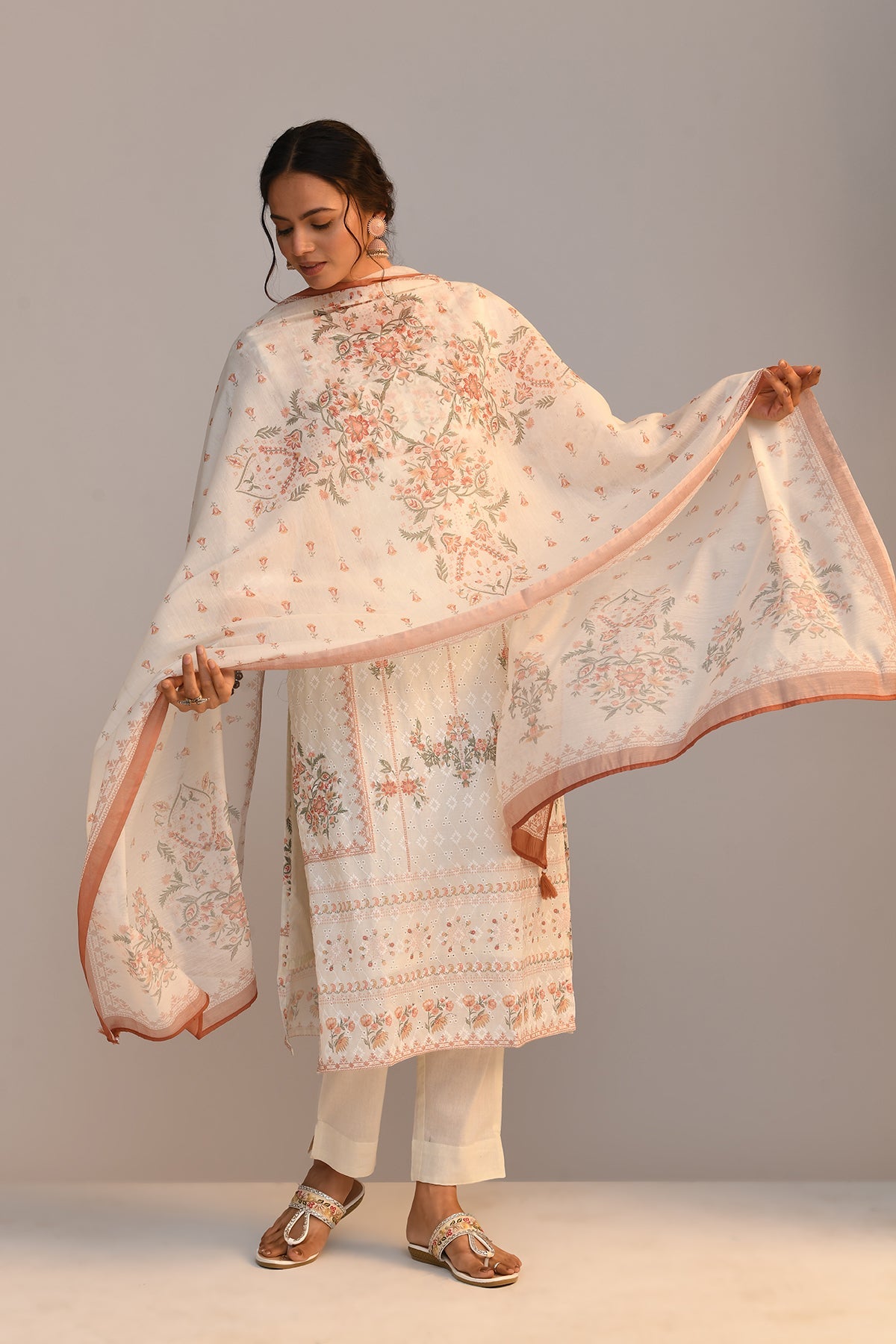 Cream Embroidered Straight Kurta 3 Pcs Set