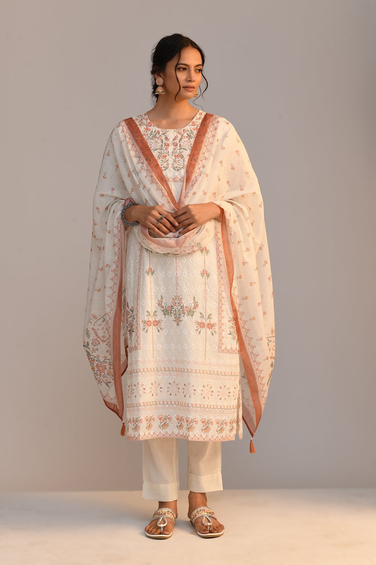 Cream Embroidered Straight Kurta 3 Pcs Set