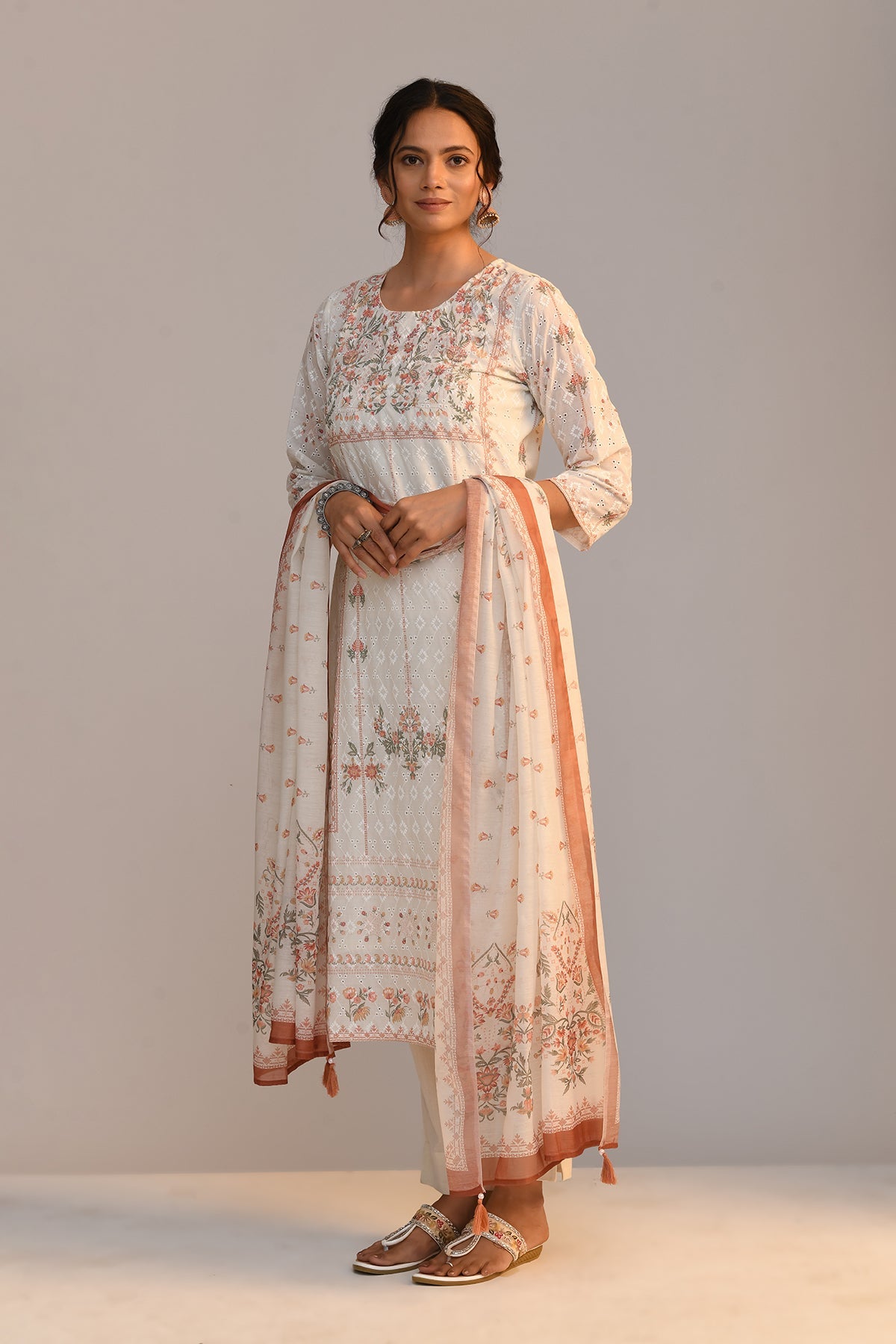 Cream Embroidered Straight Kurta 3 Pcs Set
