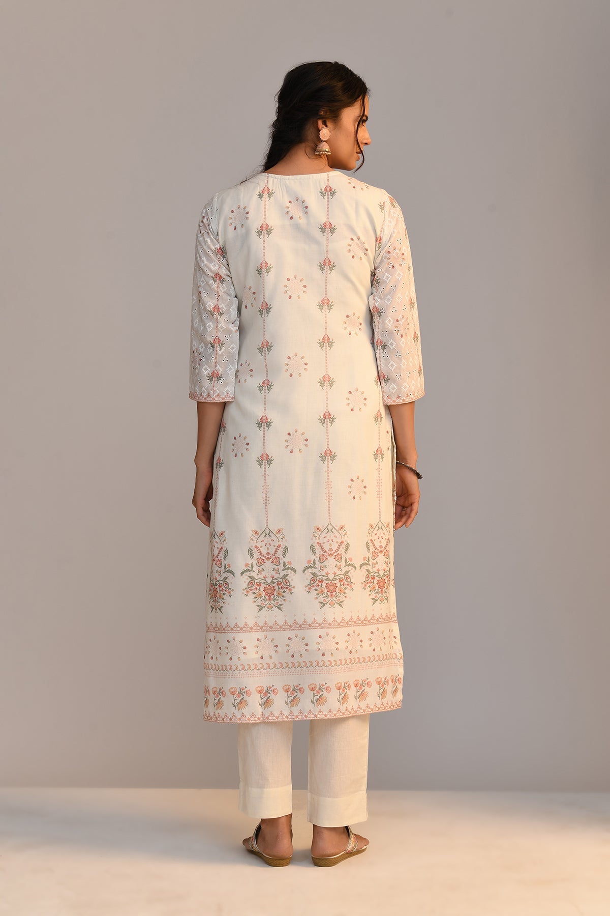 Cream Embroidered Straight Kurta 3 Pcs Set
