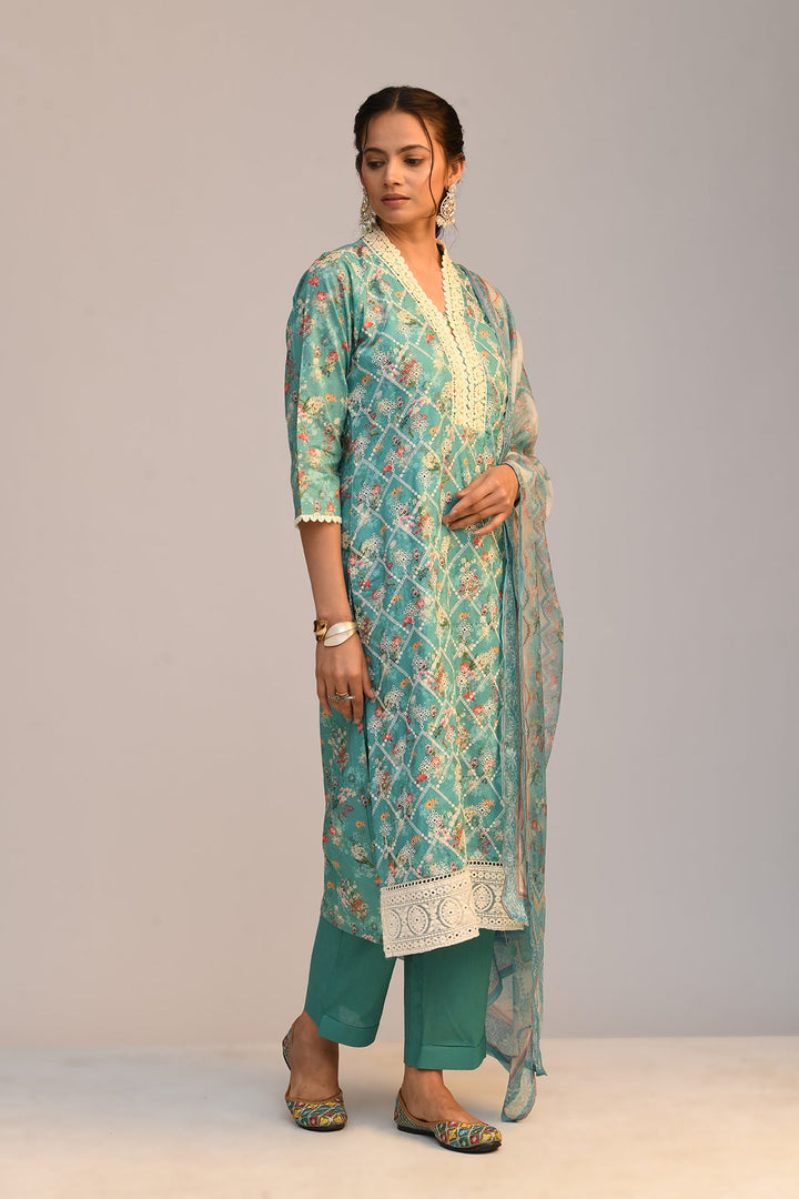 Green Embroidered Straight Kurta Set