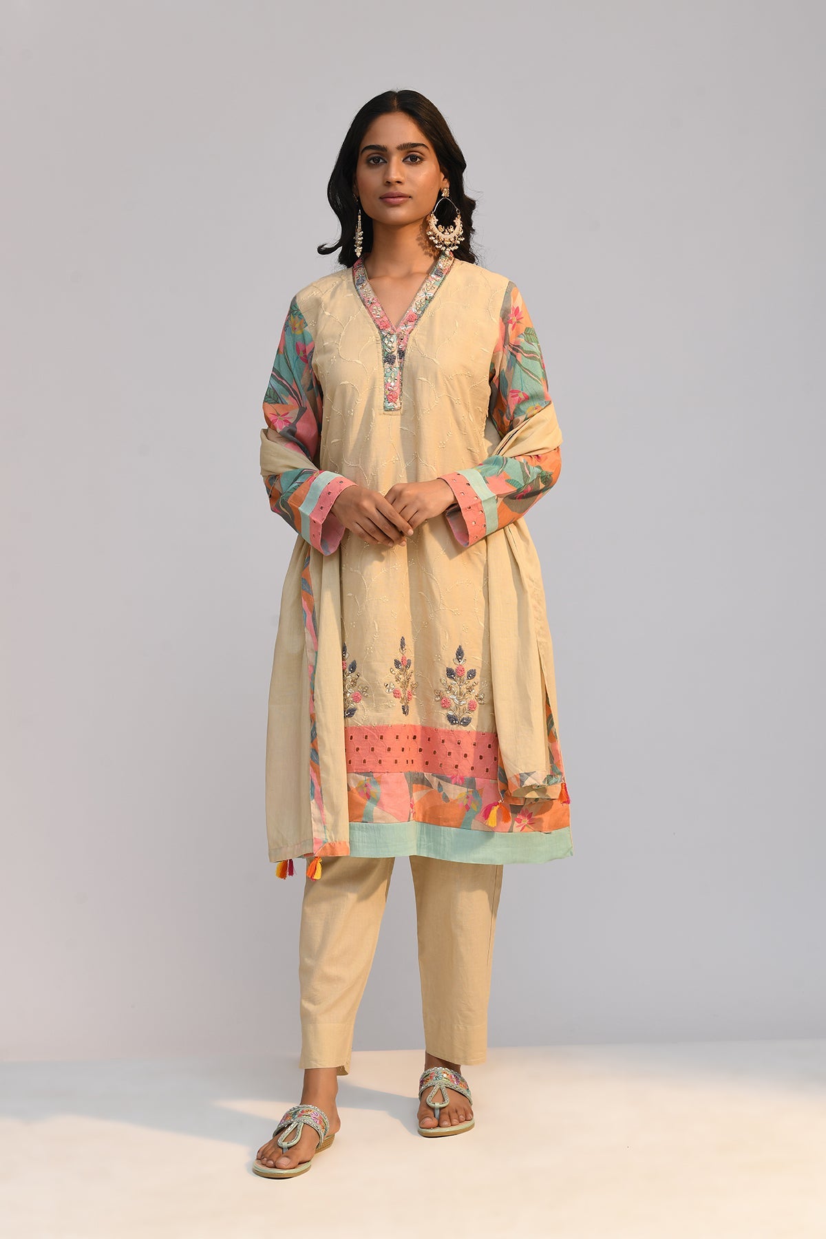 Beige Embroidered Kurta 3 Pcs Set