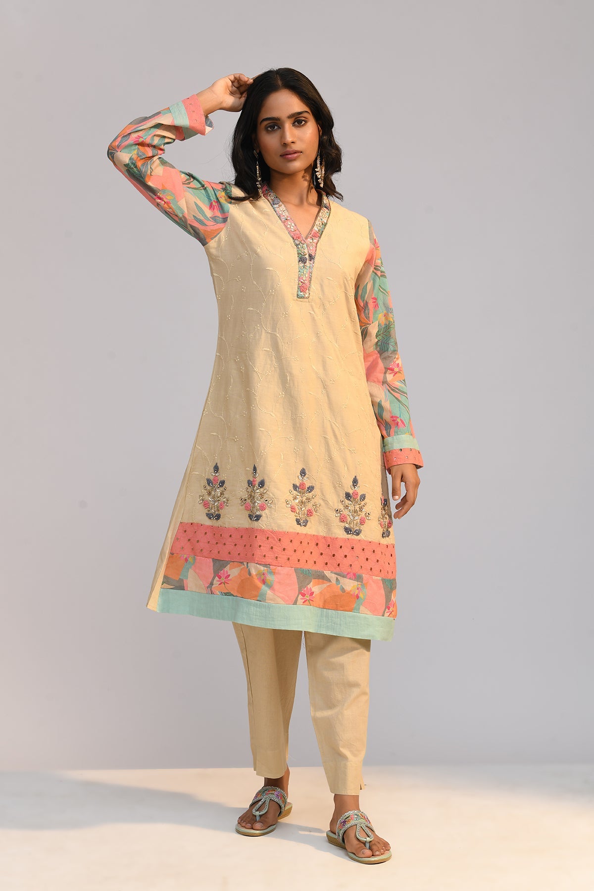 Beige Embroidered Kurta 3 Pcs Set