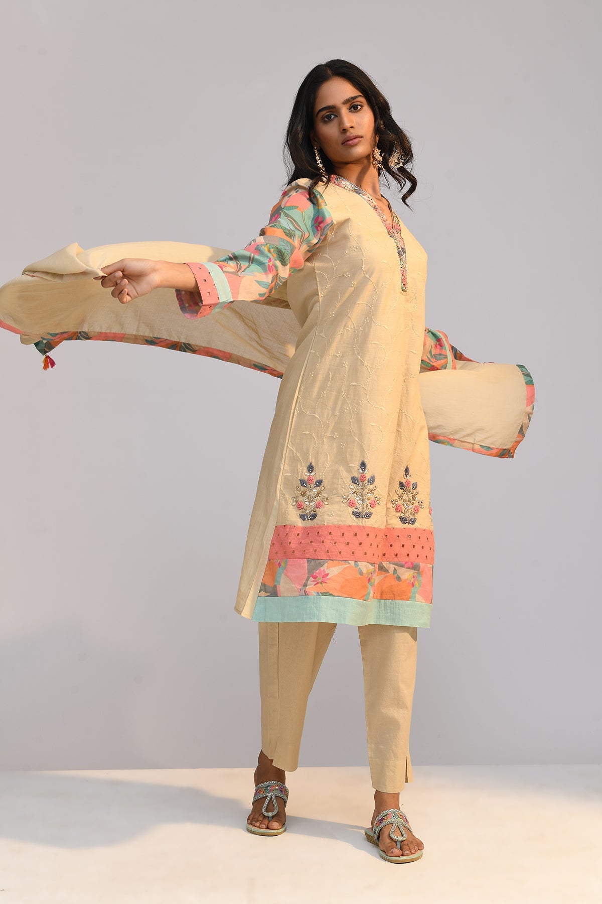 Beige Embroidered Kurta 3 Pcs Set