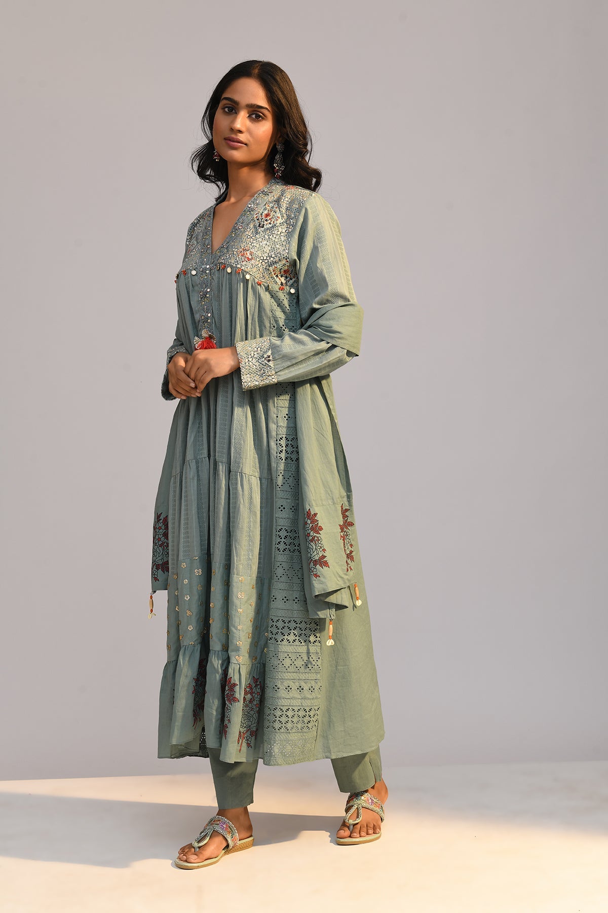Green Printed Flared Kurta 3 Pcs Set