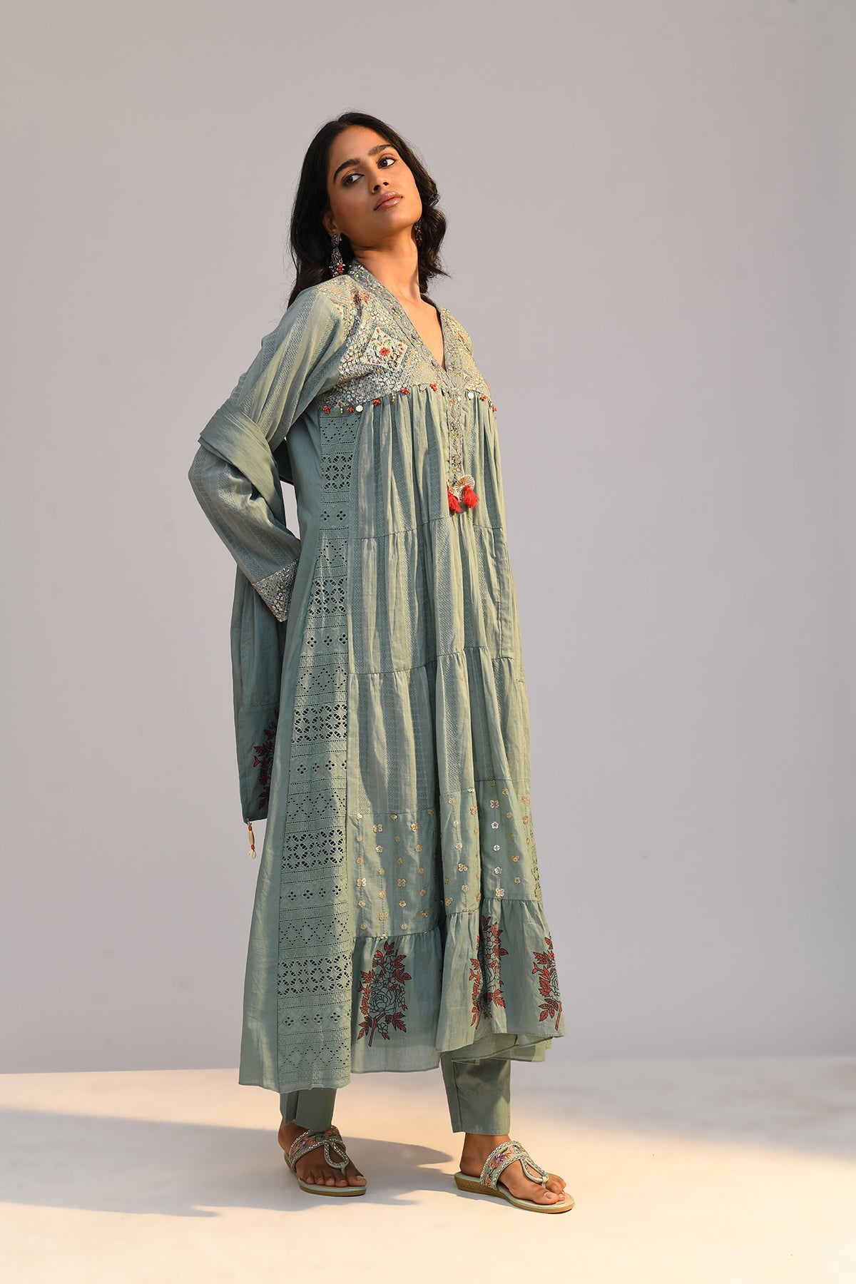 Green Printed Flared Kurta 3 Pcs Set