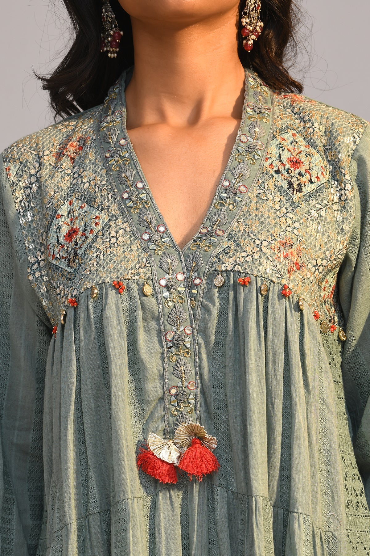 Green Printed Flared Kurta 3 Pcs Set