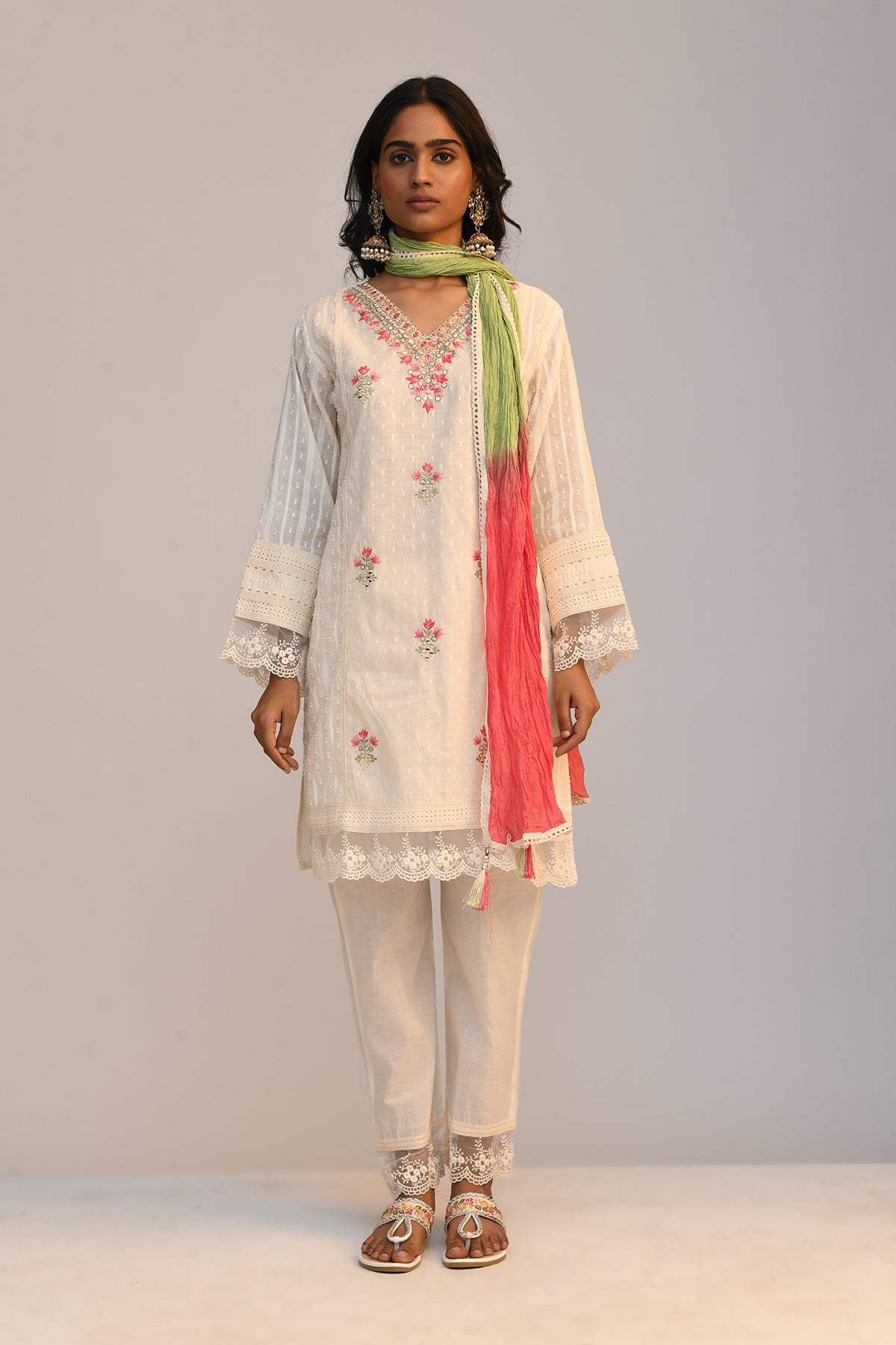 Cream Embroidered Kurta 3 Pcs Set